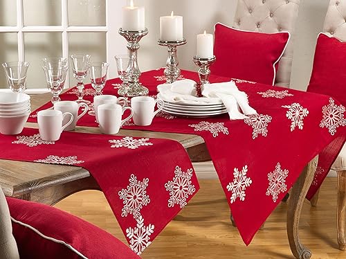 Miniatura 2 de SARO LIFESTYLE Snow Crystal Collection Camino de mesa con diseño de copo de nieve, 16 x 108 pulgadas, rojo