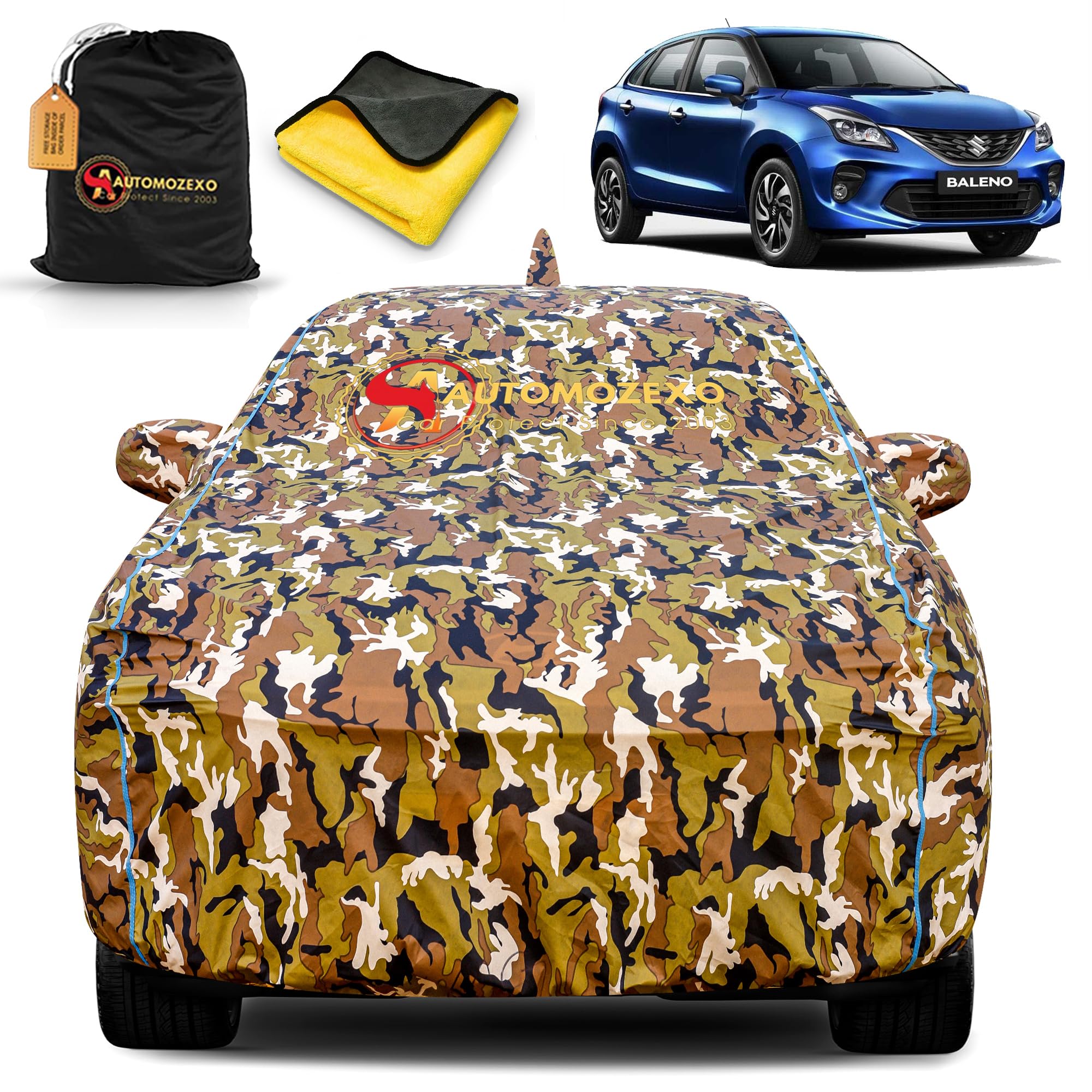AUTOMOZEXO Maruti Suzuki Baleno 100% Waterproof Car Cover for All Weather Protection with Mirror & Antena Pocket Inner Cotton Triple Stitched Adjustable Belt Bottom Elastic Cover to Secure Fit -Jungle