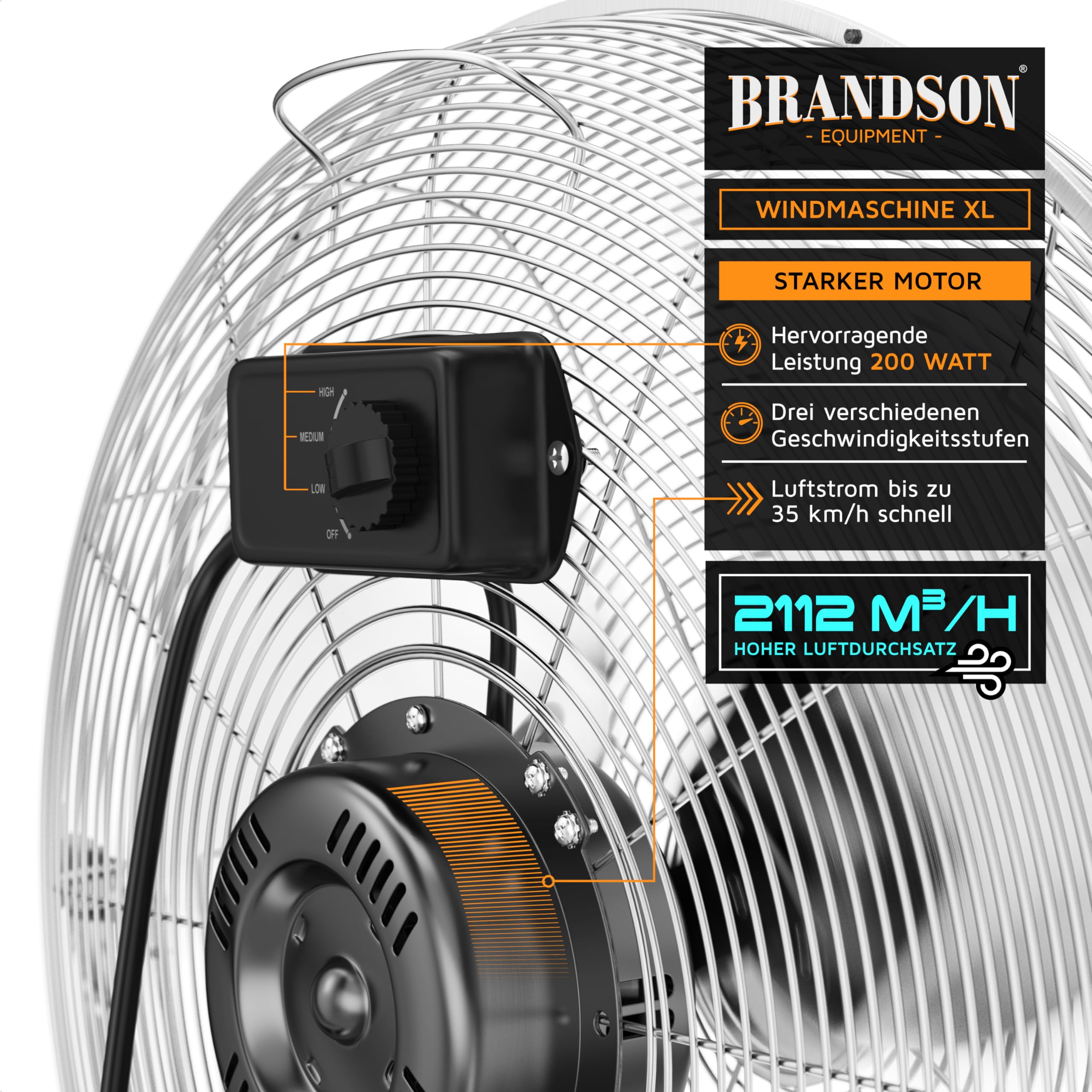Brandson - Windmaschine Retro Stil 200 Watt - Sieger Ventilatoren und Luftkühler 2026 - Standventilator 57 cm - Bodenventilator - hoher Luftdurchsatz - stufenlos neigbarer Ventilatorkopf - GS