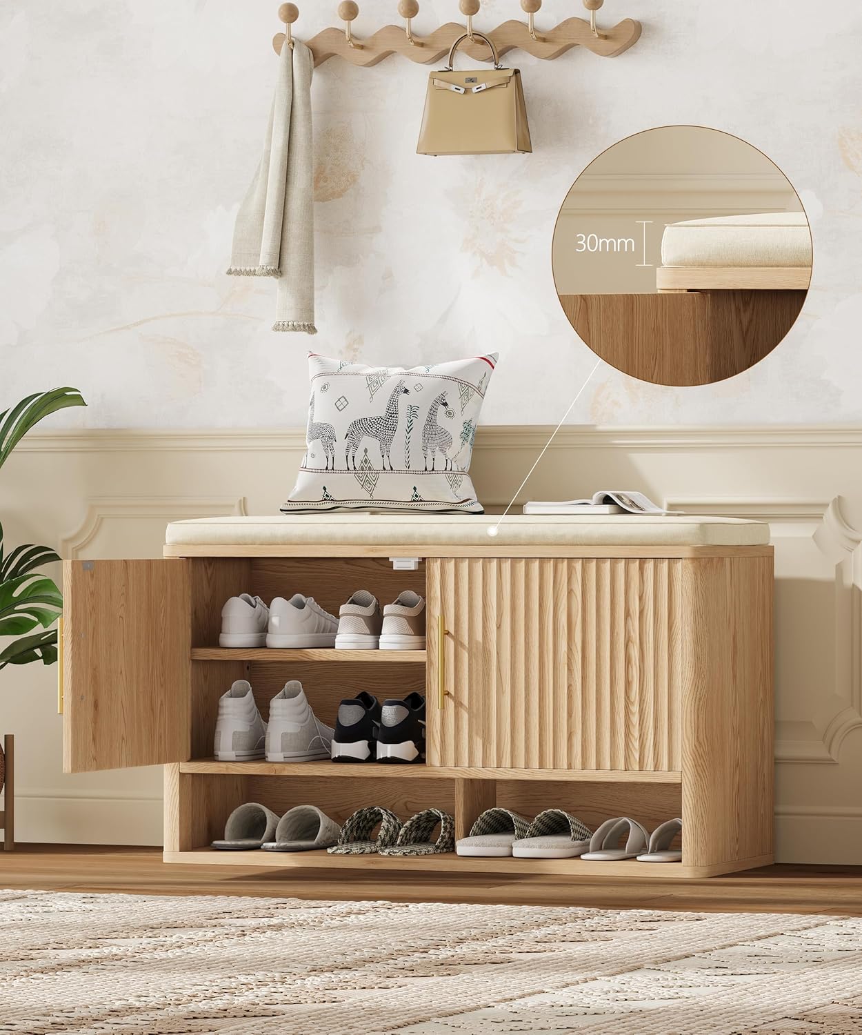 Fluted Shoe Storage Bench with Cushion, Entryway Bench with Adjustable Shelves and Open Bottom Shelf, Hidden Shoe Cabinet Storage for Entryway, Hallway, Living Room, Bedroom, Natural Oak