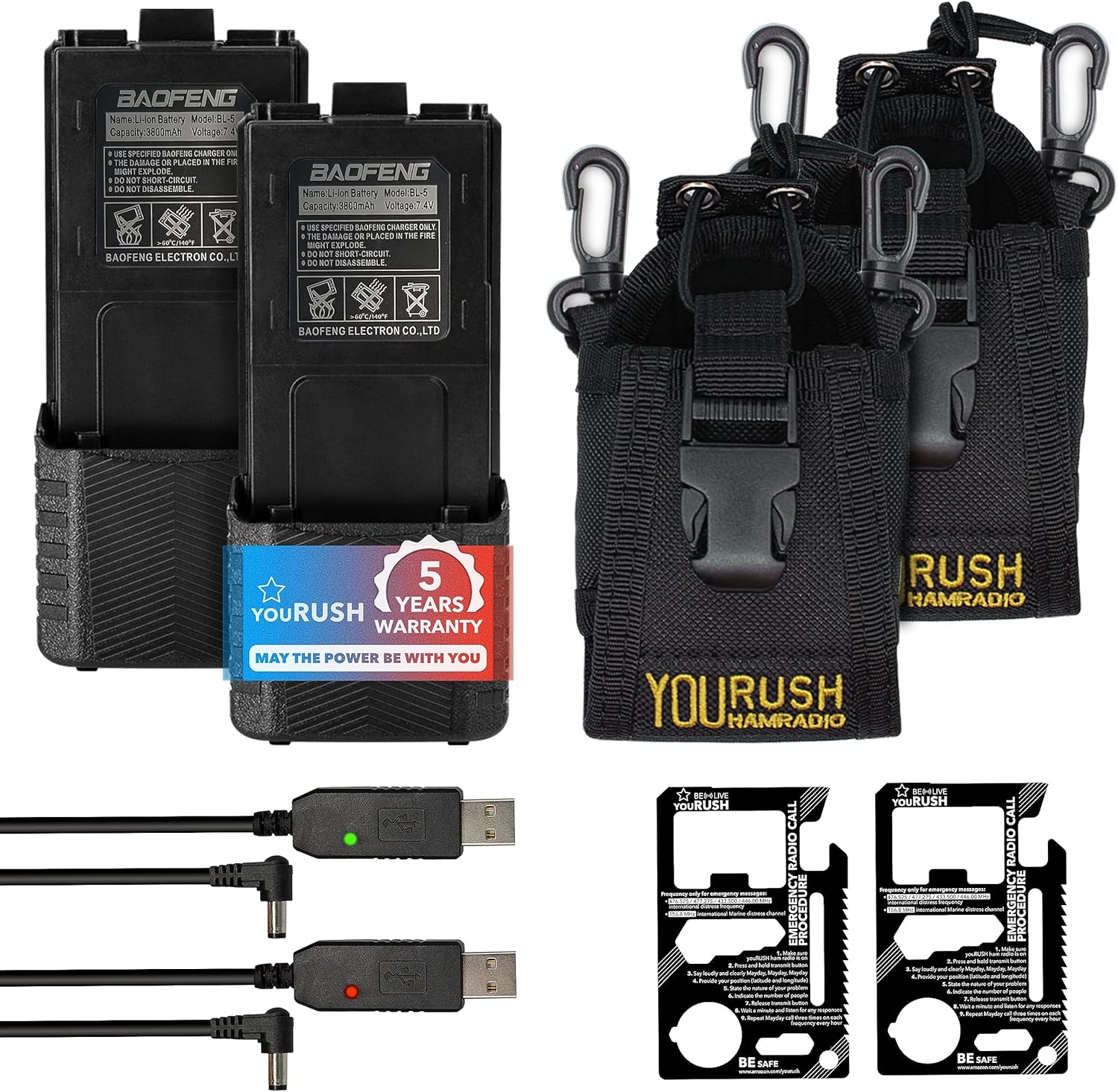 Bundle 2 Pack BAOFENG BL-5L Extended Battery 3800mAh & USB Charging Cables Compatible with UV5R, BF-F8HP, UV-5X3 Ham Radio & Holder for Baofeng Radio Holster Pouch Case Belt & Card Multitool