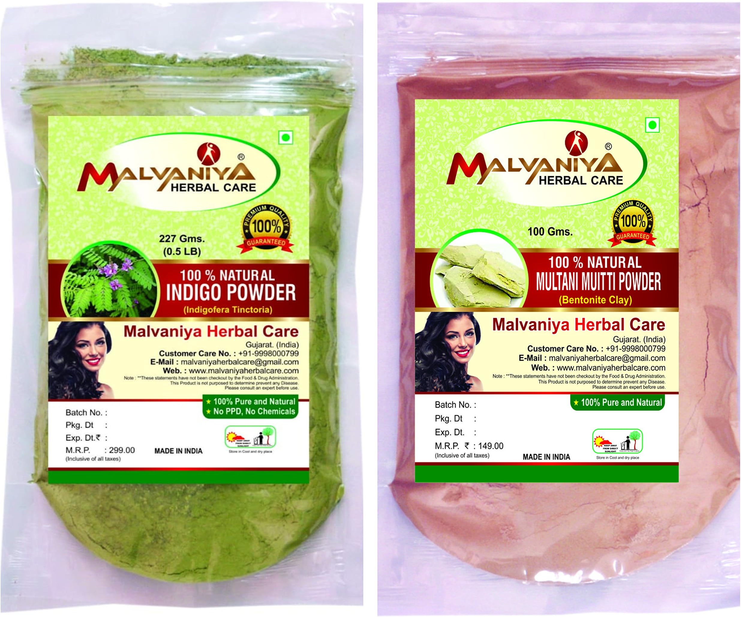 Indigo Hair Powder-free with Multani Mitti Face Pack Powder for Hair and Skin (Indigo Powder227 Gms + Multani Mitti100 Gms)