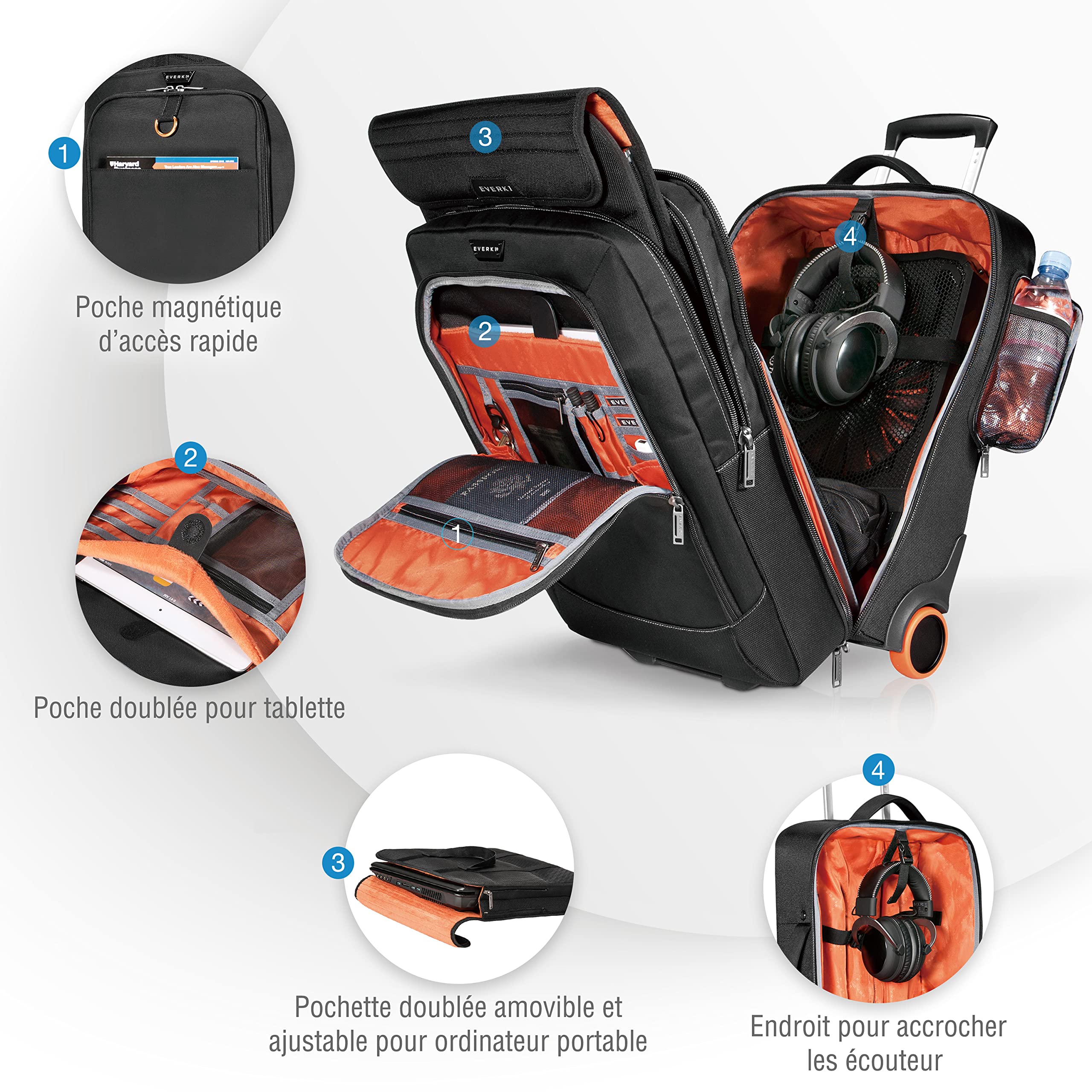 Everki 420 Trolley pour Ordinateur Portable 18,4" – Bagage Cabine à roulettes, Housse Amovible Compatible TSA, Sac de Voyage organisé pour Business & Gaming – Noir (EKB420)