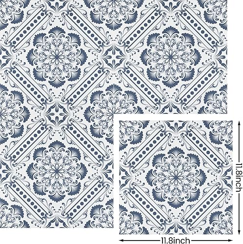 Miniatura 9 de Elffloor Azulejo de suelo autoadhesivo: 10 piezas autoadhesivas, impermeables, 11.8 x 11.8 pulgadas, diseño retro de flores azules para baño,