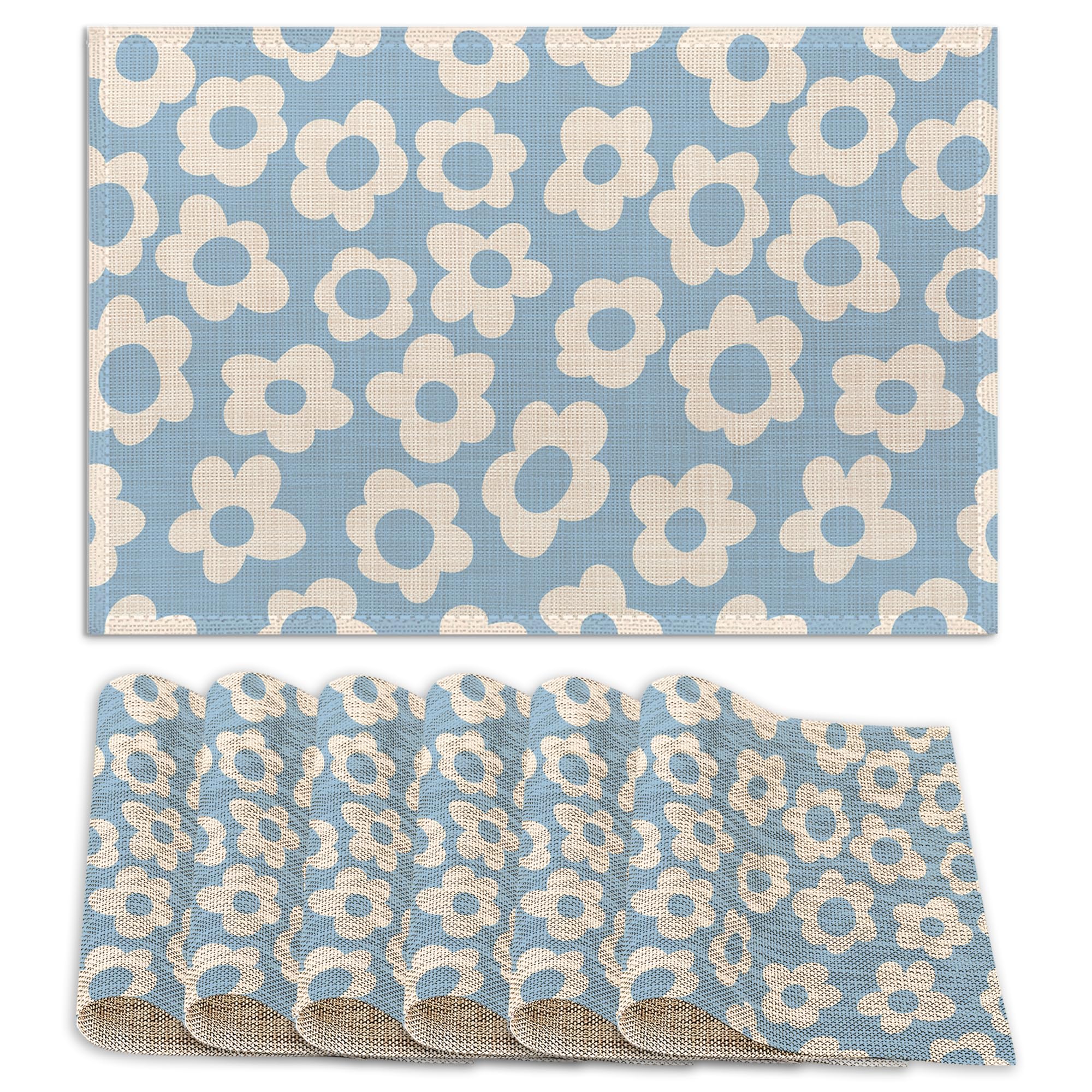 Vintage Groovy Blue Flowers Placemats Set of 6 Linen Washable, Heat-Resistant 12x18 Inch Table Place Mats for Kitchen Dining for Home Party Holidays