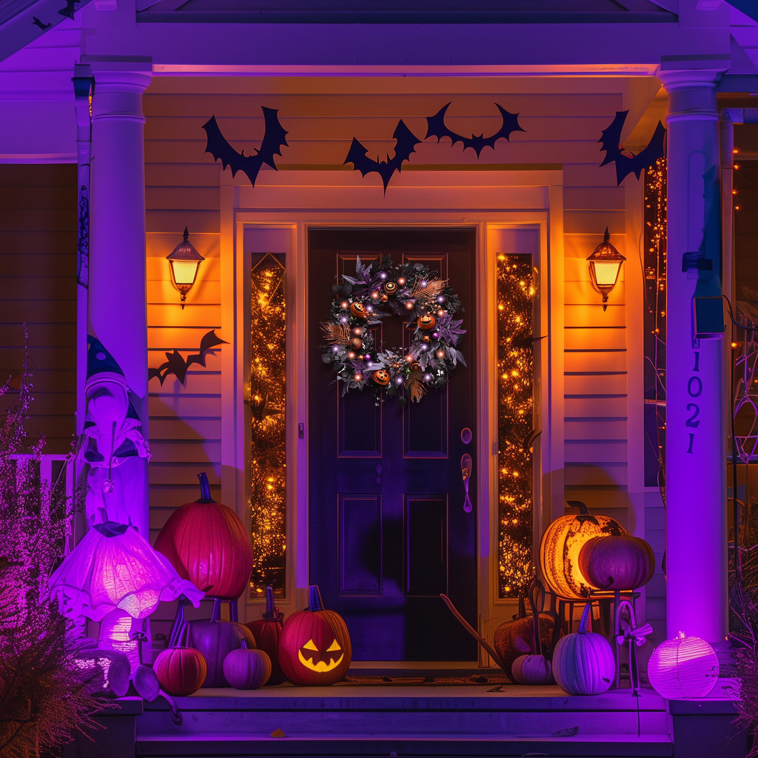 Valery Madelyn Couronne d'Halloween pour porte d'entrée avec lumières, 61 cm - Couronne de citrouille pré-éclairée - Décoration d'Halloween pour centre de table, fenêtre, fête intérieure, vacances,