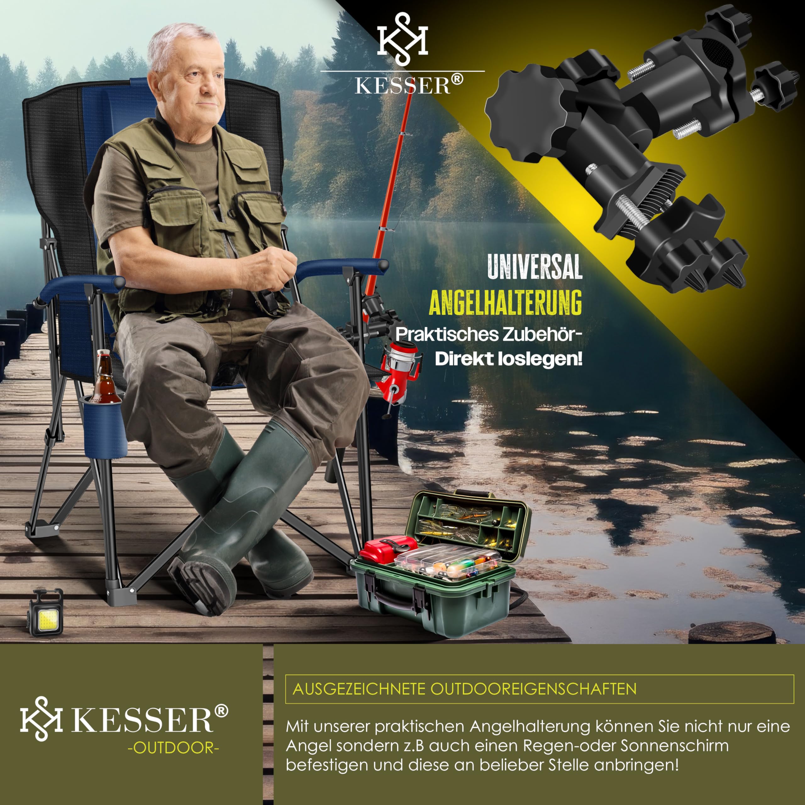 KESSER® Sedia da Campeggio Pieghevole fino a 160 kg, Imbottita con Braccioli, Luce da Campeggio, Portabicchieri, Borsa con Schienale Alto, con Porta Canne da Pesca, Navy Blue/Nero