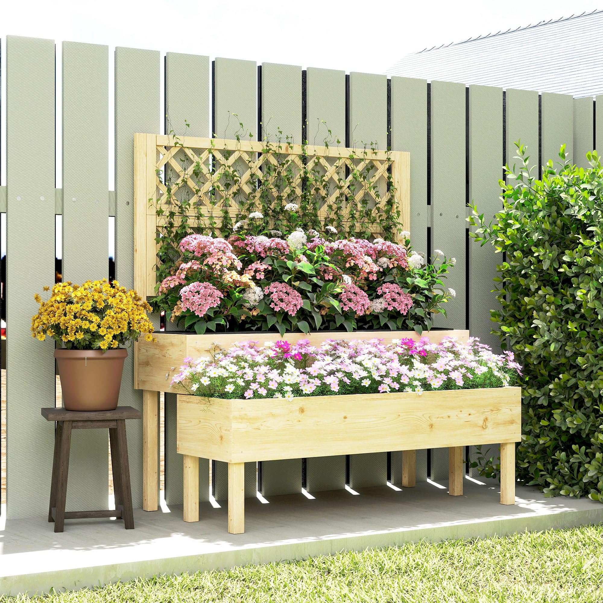 Outsunny Jardinière à 2 Niveaux avec Treillis, bac à Fleurs, lit surélevé avec Tissu Non tissé, pour Plantes grimpantes, légumes, Bois, intérieur et extérieur, 108 x 62 x 120 cm Effet Bois Naturelle