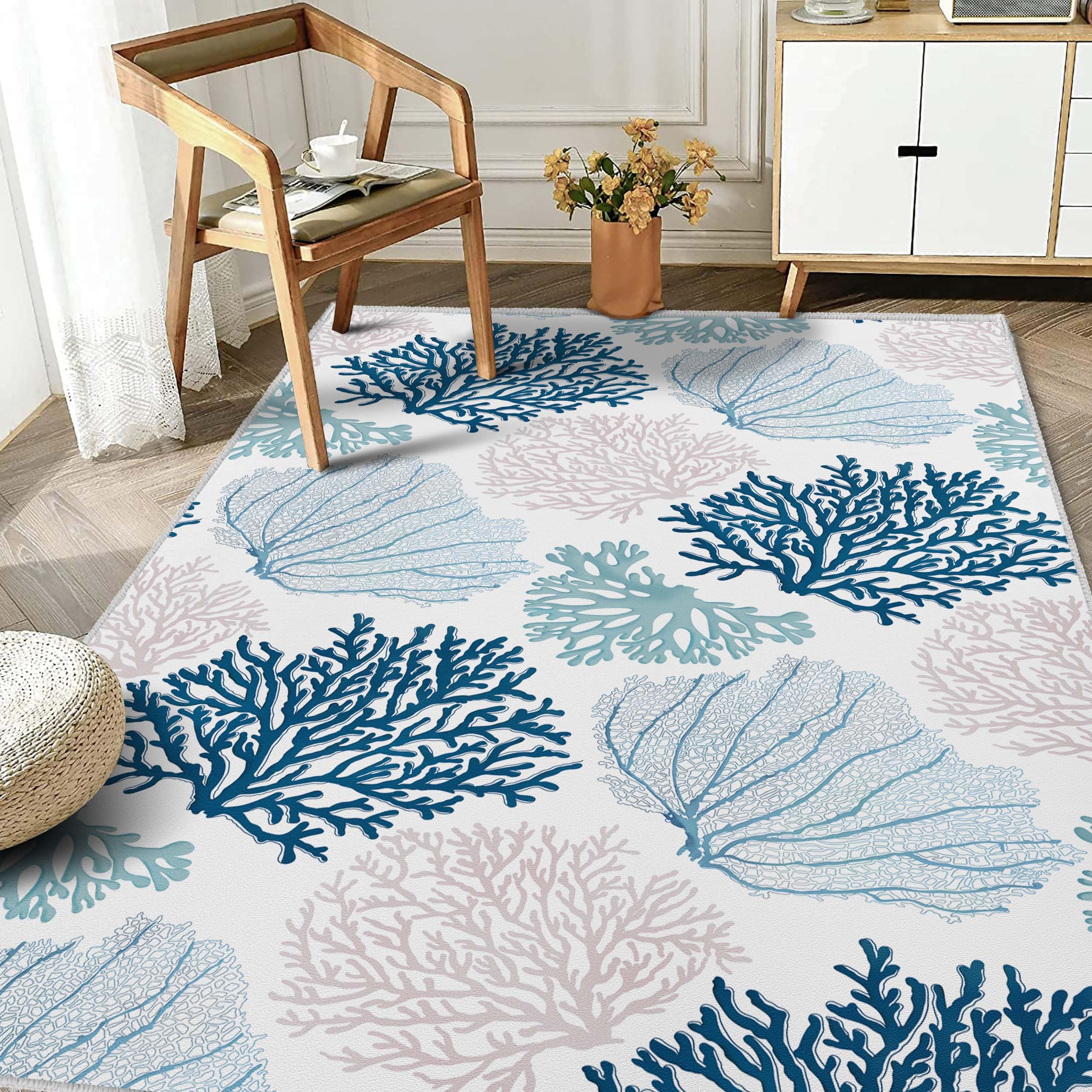Coastal Area Rug Beach Rugs Non-Slip Nautical Coral Machine Washable Rugs Modern Floor Carpet for Bathroom Laundry Bedroom Living Room, 3x5