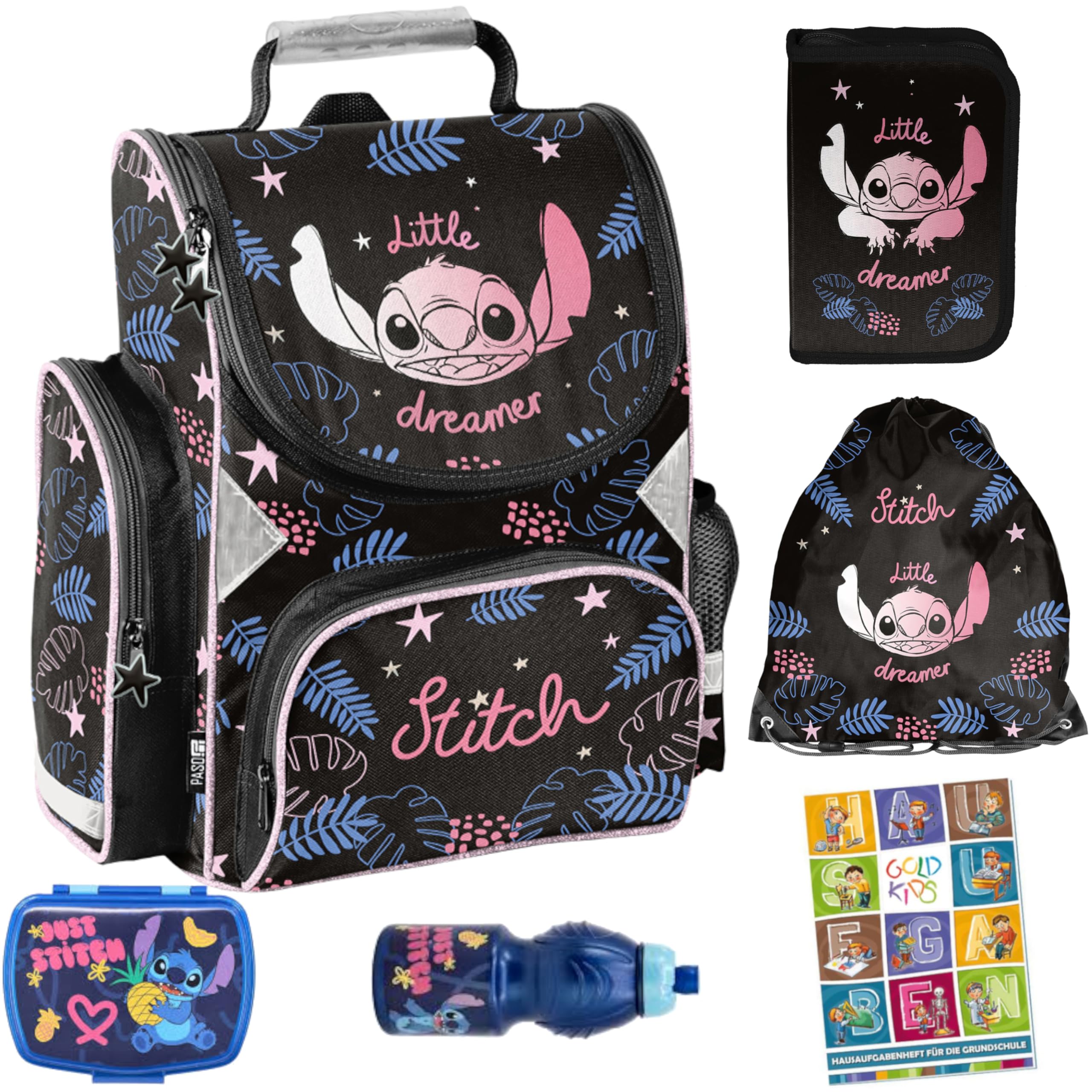 PASO Set di 6 zaini per la scuola per bambini e bambine, con astuccio, astuccio per scarpe e quaderno per i compiti, motivo Stitch, 1-3 elementi