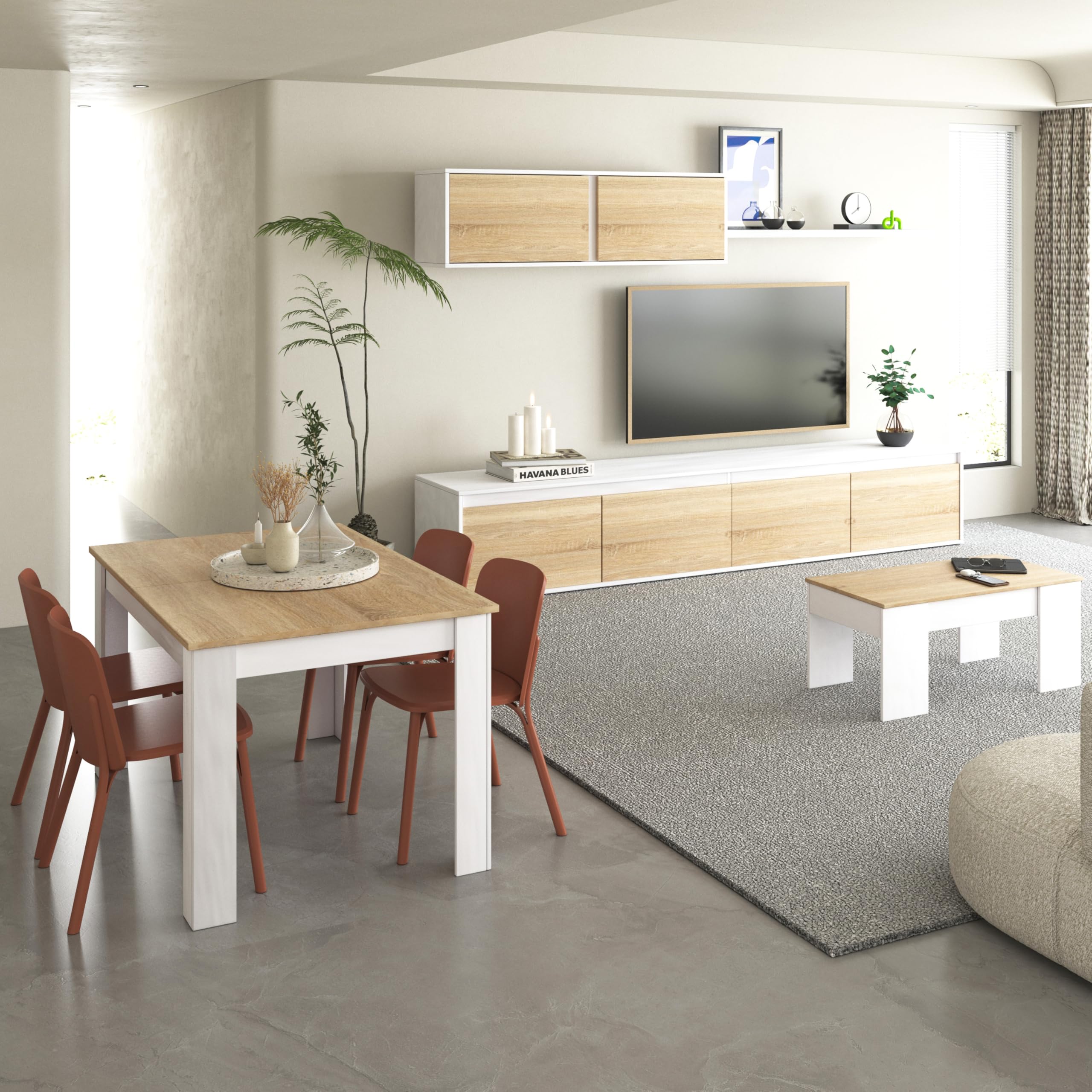 duehome | Pack de Salon con Modulo TV + Mesa de Centro Elevable y Mesa de Comedor, Conjunto de Salon, Modelo Arlet MAX V2B, Acabado en Blanco Artik y Roble Canadian