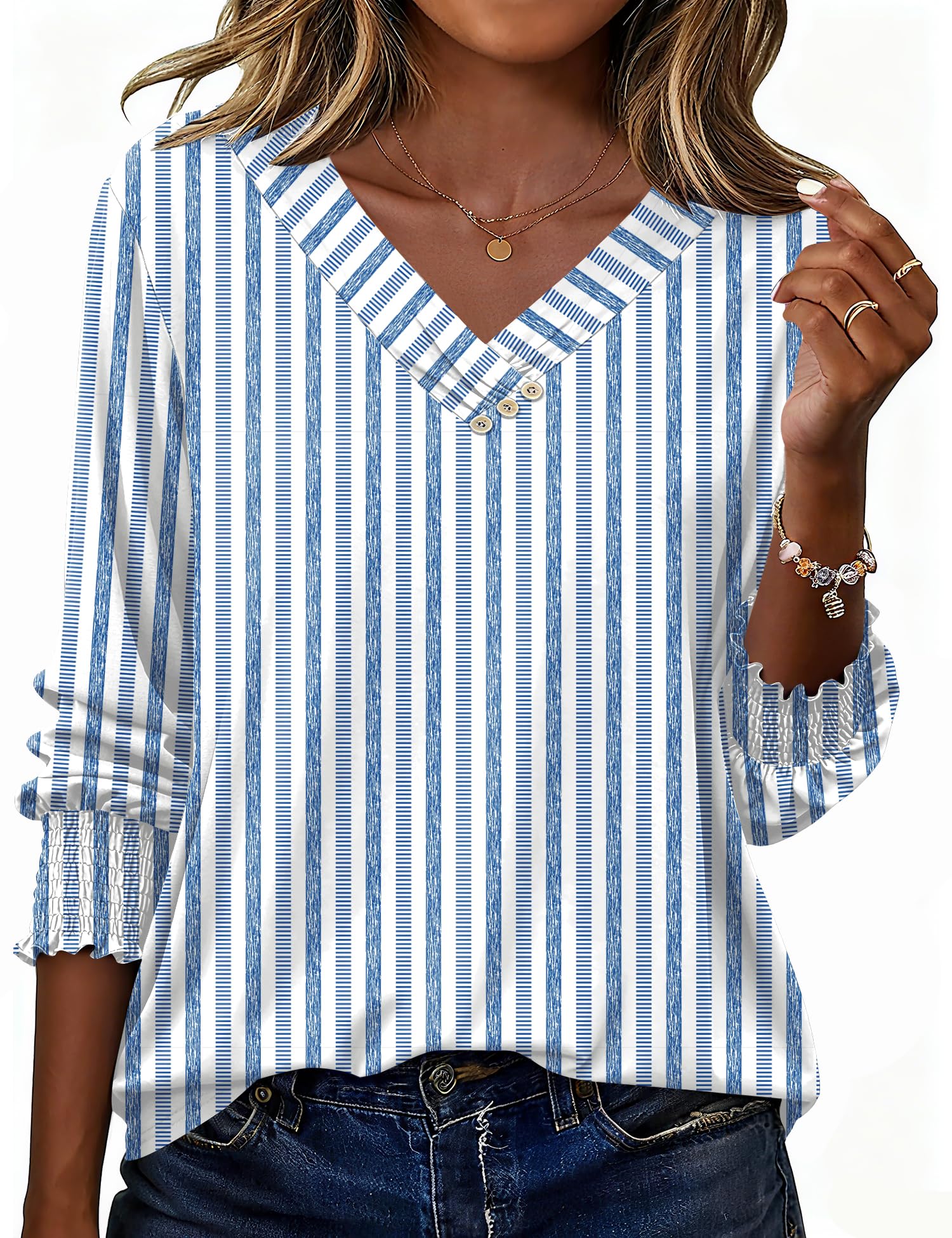 Rapbin Bluse Damen 3/4 Arm Shirt Elegant V-Ausschnitt Tunika Sommer Tops Lässig Oberteil Mit Knopfleiste 2026