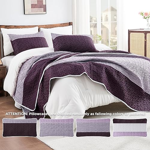 Miniatura 7 de Andency - Juego de edredón a rayas individual (68 x 86 pulgadas, 2 piezas (1 edredón a rayas y 1 fundas de almohada), colcha de retazos morado y