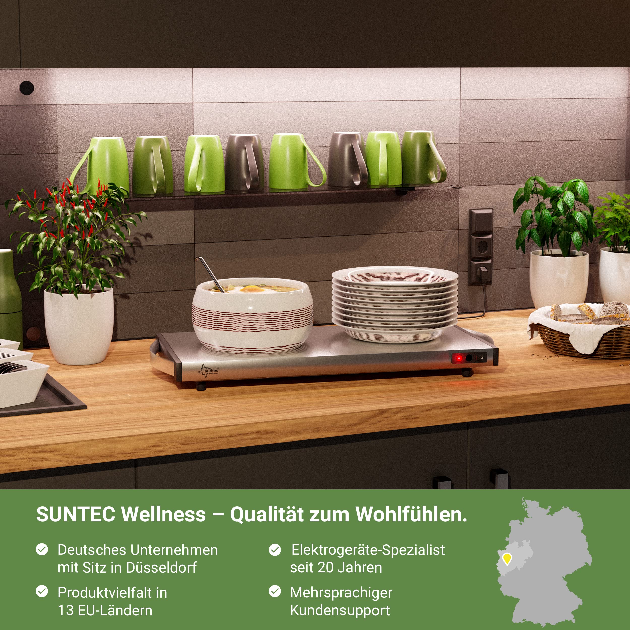 SUNTEC Warmhalteplatte aus Edelstahl – Elektrisch und kabellos – Essen warm auf dem Teller servieren – Zum Warmhalten von Speisen wie z.B. Suppe – Gastro Buffet Speisenwärmer – WHP-7086 cordless prime