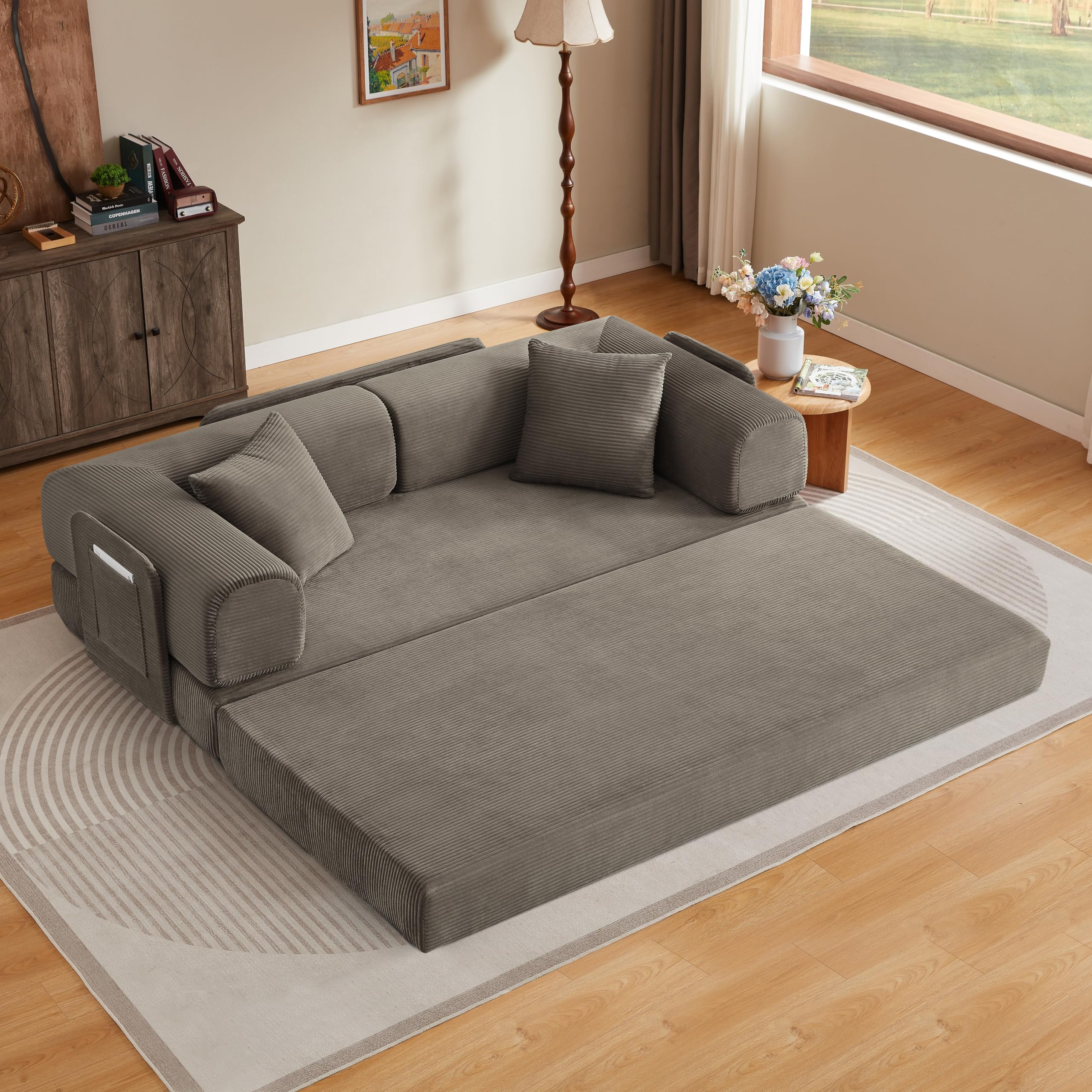 Sofa podłogowa rozkładana sofa modułowa z 2 poduszkami, stalowy stelaż, kolor brązowy