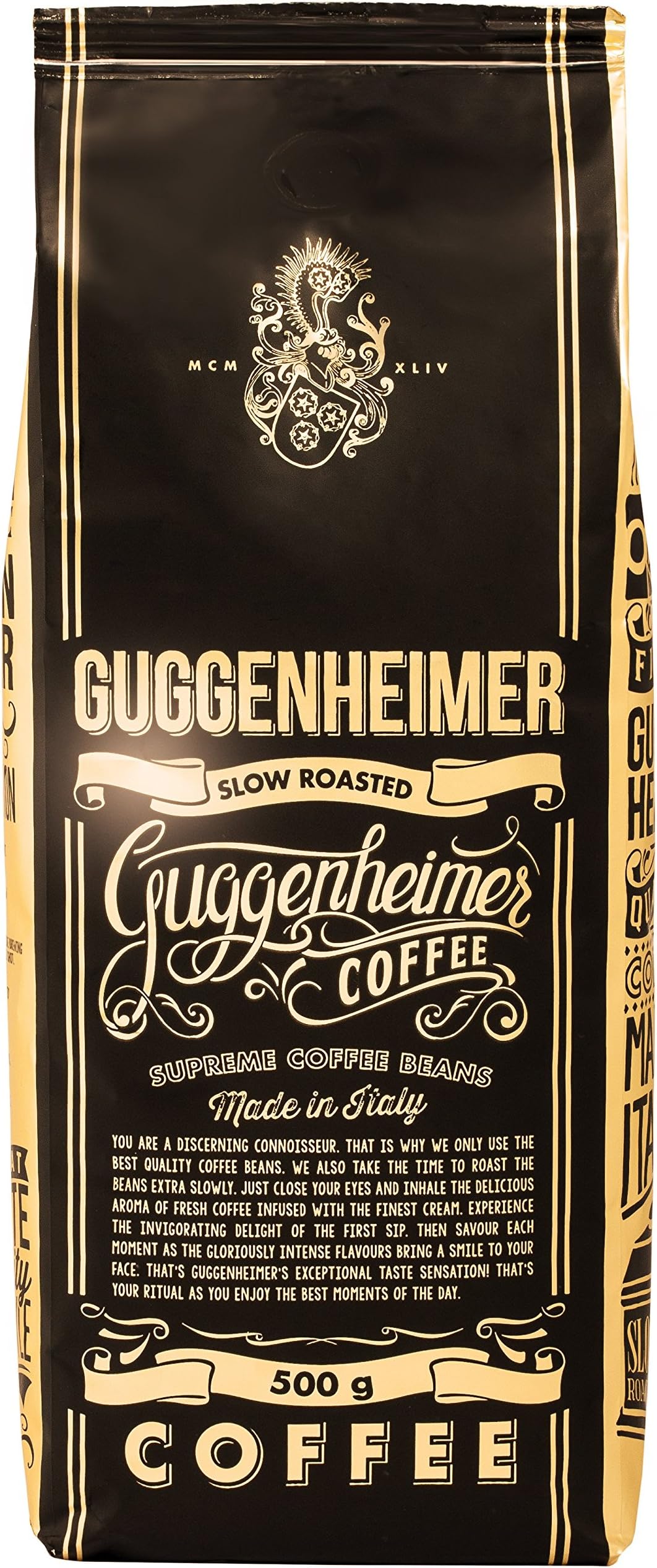NEW in United Kingdom and Ireland - GUGGENHEIMER COFFEE - Coffee beans 1kg - Extra slowly roasted - little acidity and bitterness - Barista quality - Finest crema - suitable for stove-top espresso maker and most of automated espresso makers - perfect choice for espresso, or any milk based coffee drink - aroma bag to 2 x 500 g