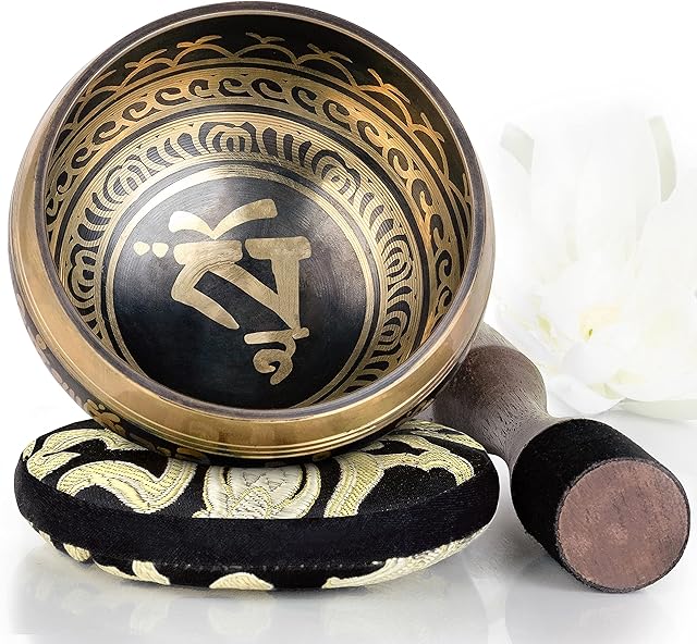 Tibetan Singing Bowl Set ~ Easy to Play with Dual-End Striker ~ Beautiful Sound for Holistic Healing, Stress Relief, Meditation & Relaxation ~ Balance Pattern Light Bronze Bowl
