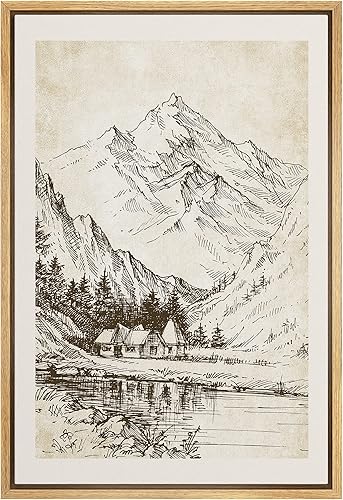 IDEA4WALL Lienzo enmarcado para pared, casa y lago bajo montaña, naturaleza, ilustraciones de área silvestre, bellas artes, elementos decorativos