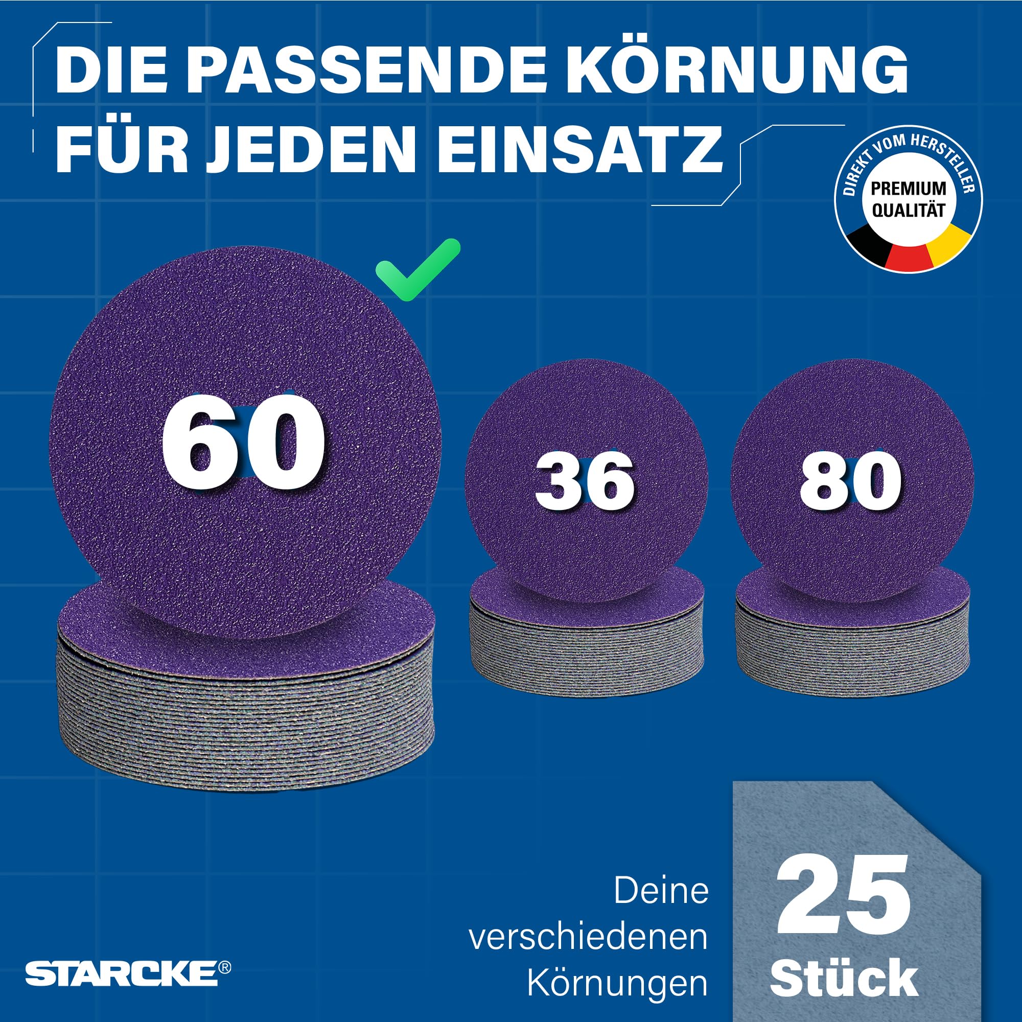 STARCKE® Fiberscheiben 125mm Metall für Winkelschleifer [25x] Langlebig - MADE IN GERMANY - GIANT TURBO - Fiberscheibe & Flexscheibe - für Stahl, Edelstahl, Aluminium, Titan (P60)
