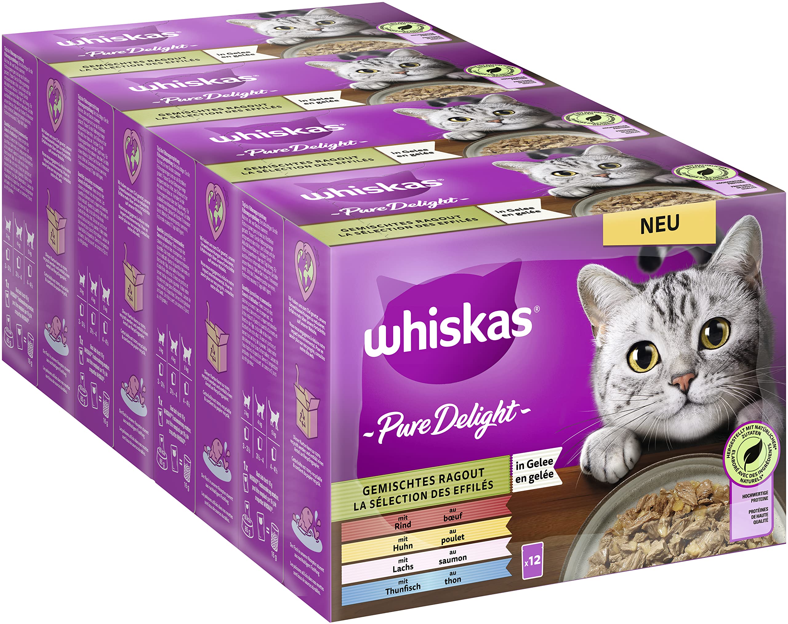 Whiskas 1 cibo per gatti Pure Delight in gelatina, 12 x 85 g (4 confezioni) – Alimento umido di alta qualità per gatti adulti in 48 sacchetti