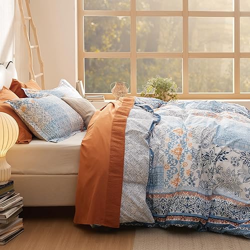 Miniatura 6 de Bedsure Funda de edredón de algodón tamaño King  100% algodón reversible bohemio azul con cremallera, funda de edredón con estampado de cachemira, 1