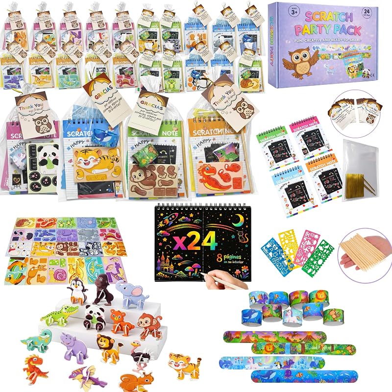 EL MOCHUELITO Regalos Cumpleaños Niños Colegio – Pack 24 Invitados con Bolsas Individuales, Pulseras Silicona Slap, Puzzle 3D y Scratch Art – Detalles Cumpleaños Infantil Repartir o Crear Bolsitas