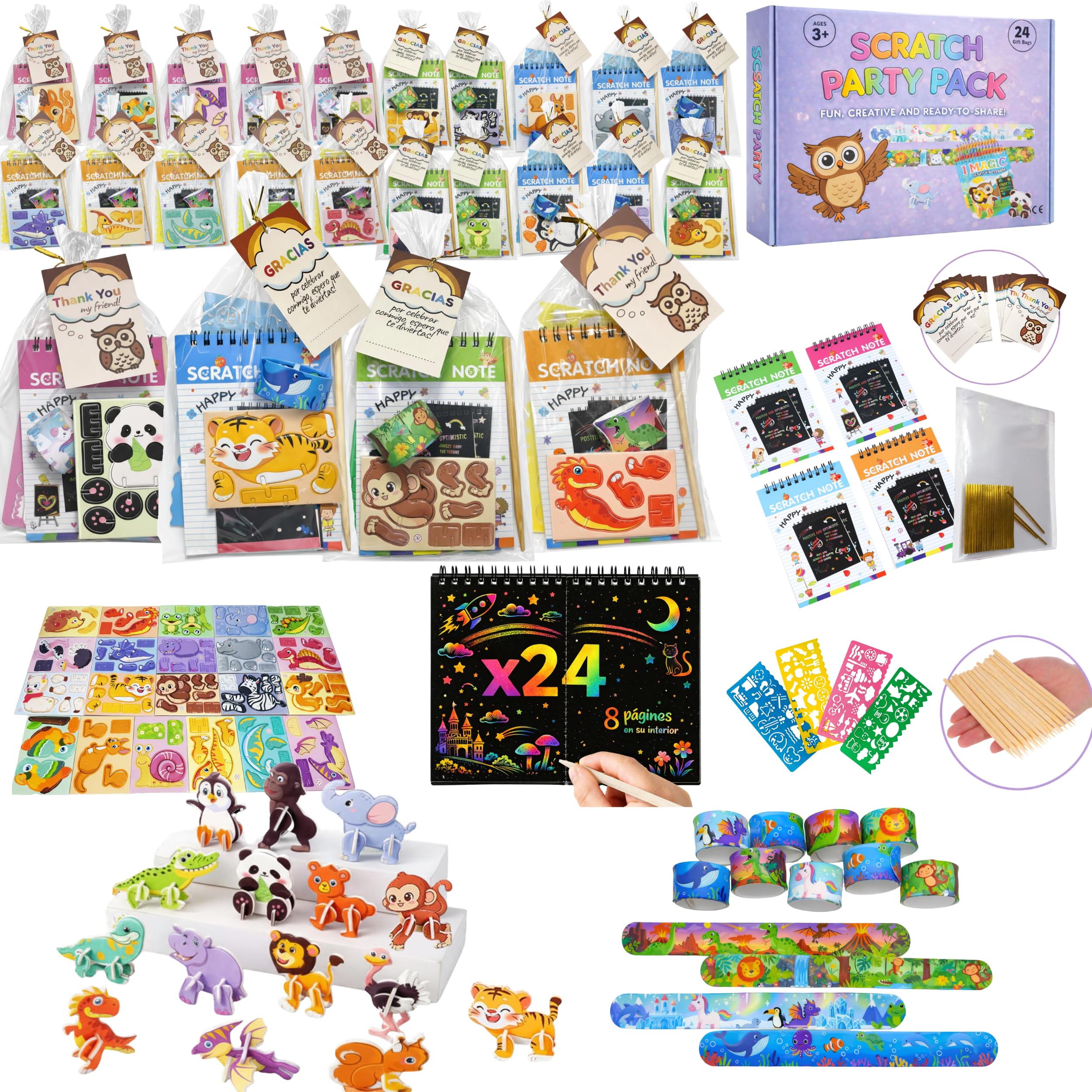 EL MOCHUELITO Regalos Cumpleaños Niños Colegio – Pack 24 Invitados con Bolsas Individuales, Pulseras Silicona Slap, Puzzle 3D y Scratch Art – Detalles Cumpleaños Infantil Repartir o Crear Bolsitas - 2