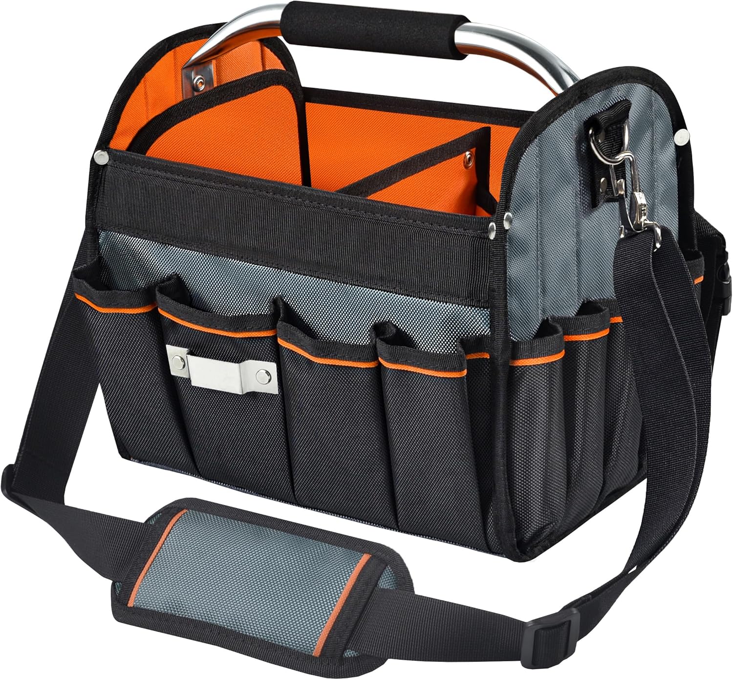 12 Inch Electrician Tool Tote Bag, 1680D Ballistic Polyester 34 Pockets Open Top Foldable Tool Bags with detachable divider, Tool Tote with Stainless Steel Handle & Padded Shoulder Strap