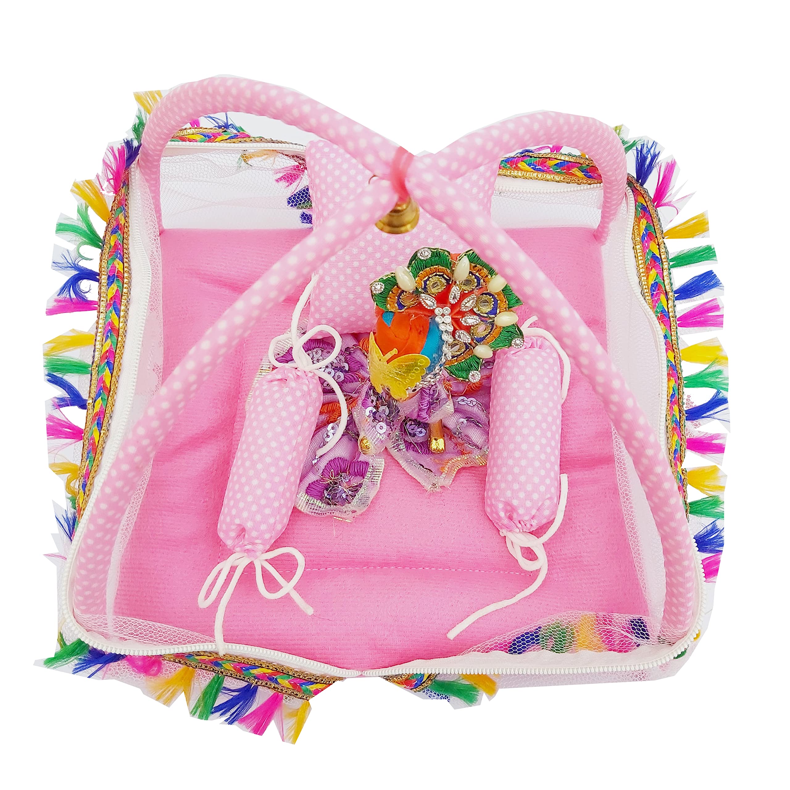 LMN CHILD CARE Laddu Gopal Kanah ji Comfortable Bed/Bister/Singhasan with Mosquito Net and 3 Pillows (o to 4 (21CM), Pink)-image-31