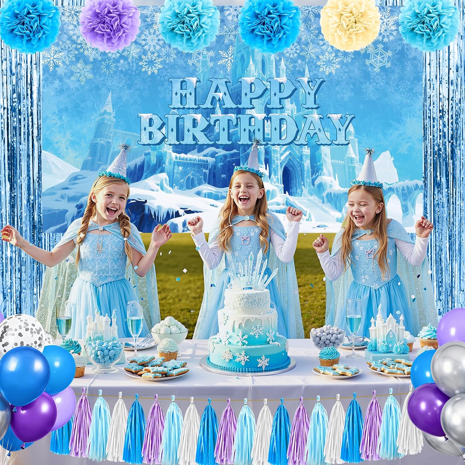 Frozen Party Decorations Cartoon Birthday Party Decoration Winter Snowflake Happy Birthday Banner Balloons Tassel Garland Fringe Curtain Tissue Paper Pompoms for Girls Baby Shower Christmas Decor