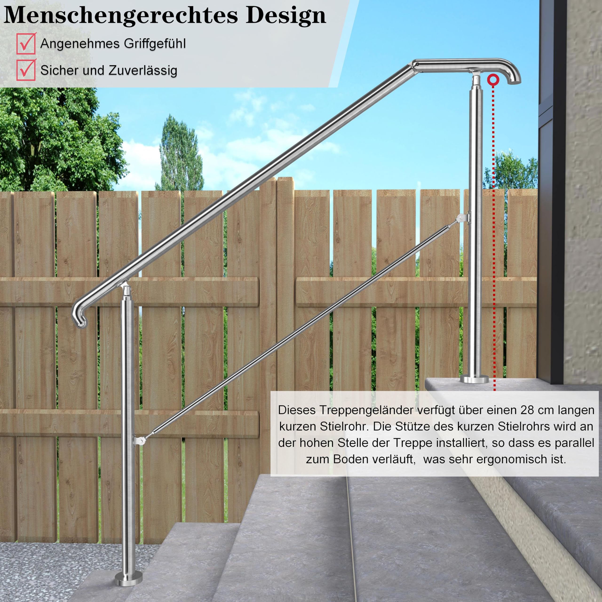 AICA Edelstahl-Treppengeländer für 4–5 Stufen (162 cm, silber), Winkelverstellbares Geländer, Eingangsgeländer für Hauseingänge sowie Innen- und Außenbereiche