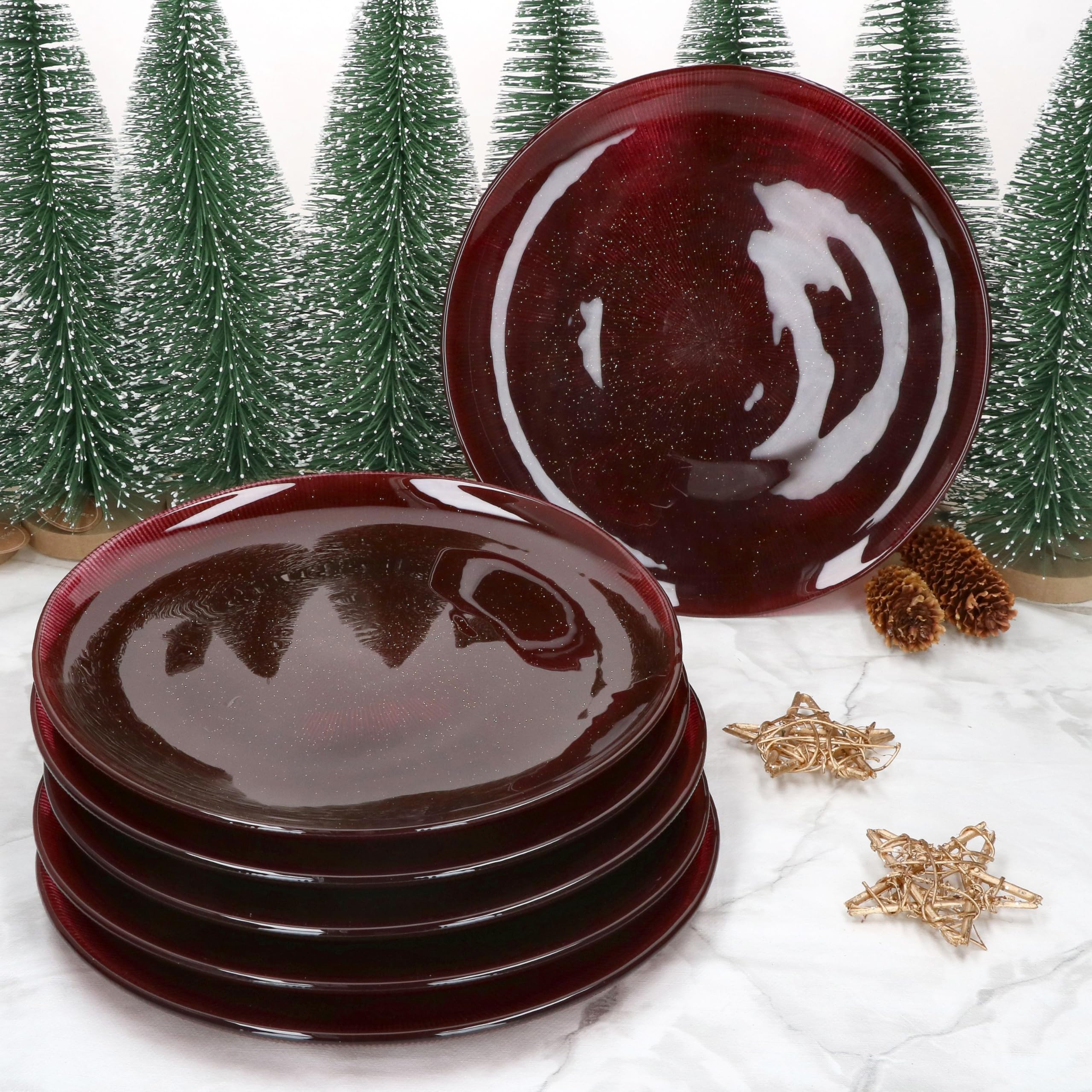 MamboCat Suez - Lot de 6 assiettes plates - Diamètre : 27 cm - Rouge foncé - En verre avec relief et effet scintillant - Pour 6 personnes - Pour repas principal, apéritif - Vaisselle de Noël
