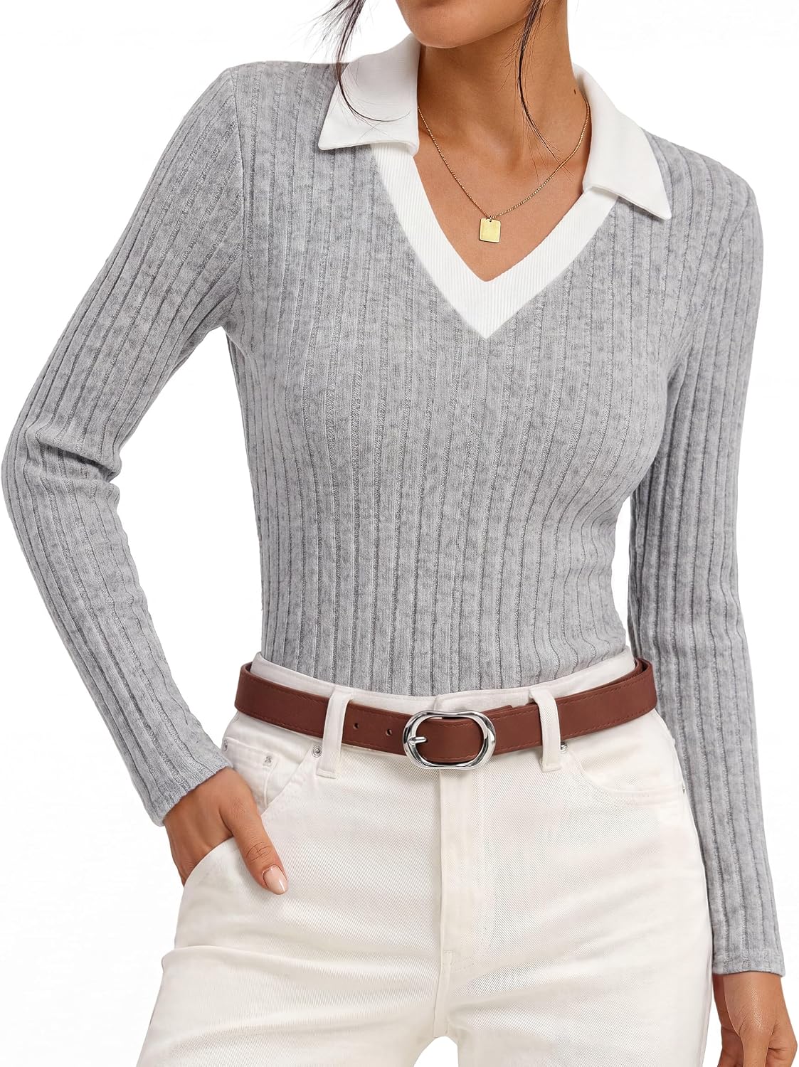 GRACE KARIN Women's Long Sleeve Polo Shirts V Neck Collared Blouse Fitted Business Casual Work Fashion Tops 2026