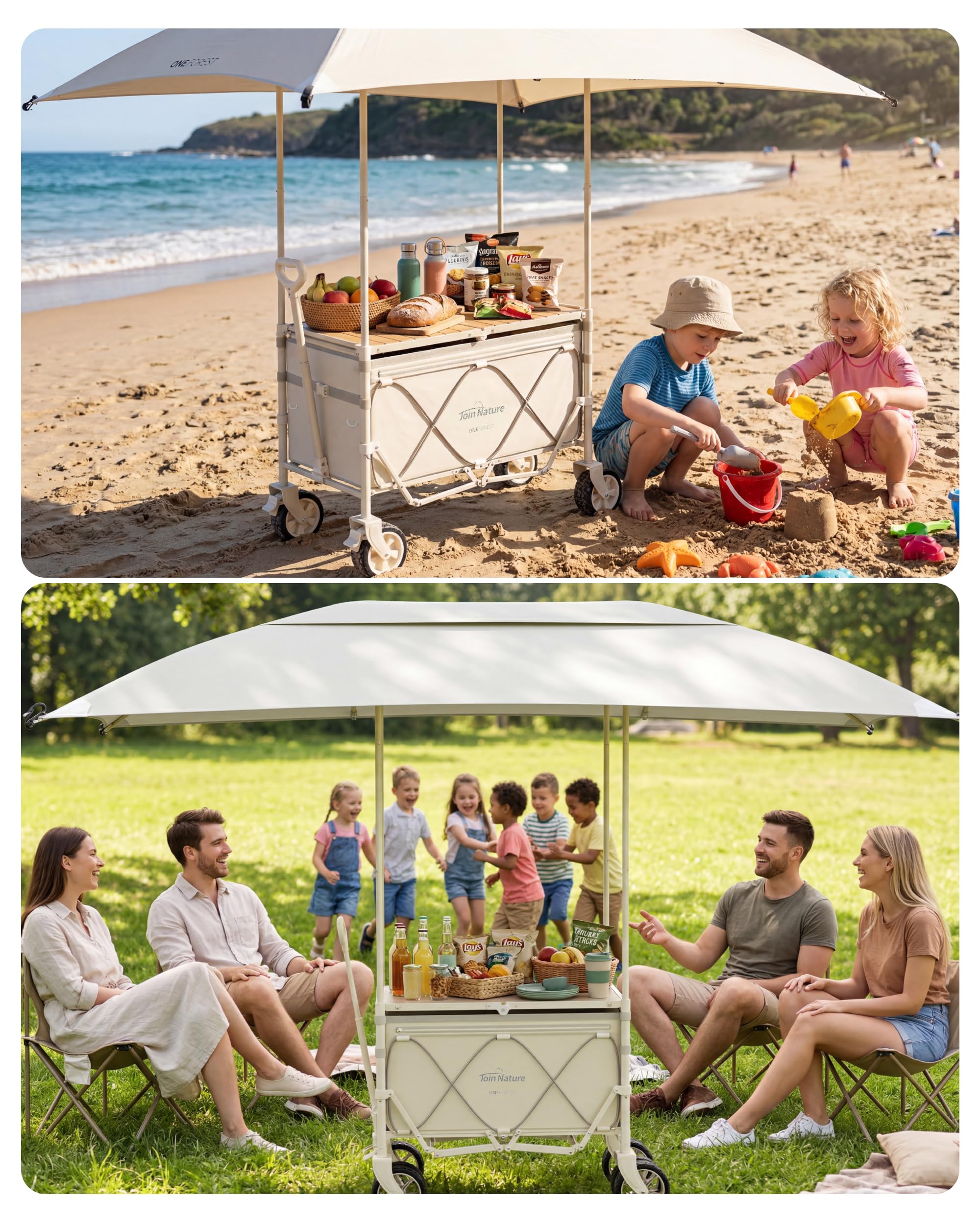 Join Nature 3-in-1 Bollerwagen Faltbar mit Camping-Tischplatte & Sonnendach, Faltbarer Bollerwagen 160L, Breite Reifen Strandwagen Klappbar für Alle Gelände Camping, Hunde, Strand, Transport