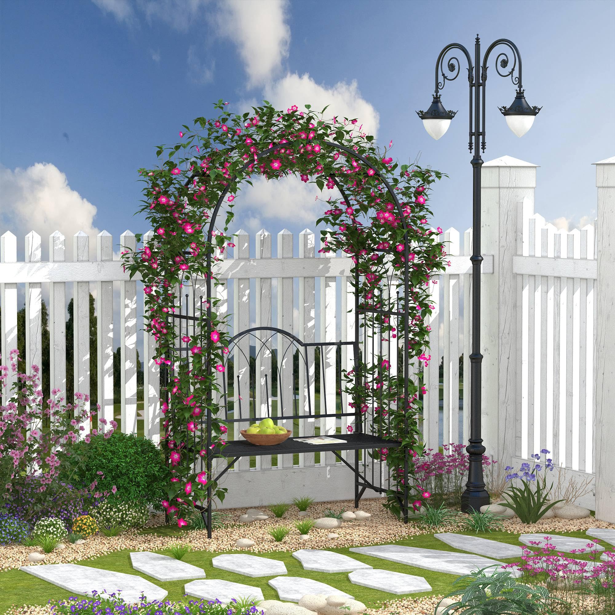 Outsunny Arche à rosiers Banc de Jardin 2 Places 2 en 1 dim. 115L x 59l x 203H cm métal époxy Noir