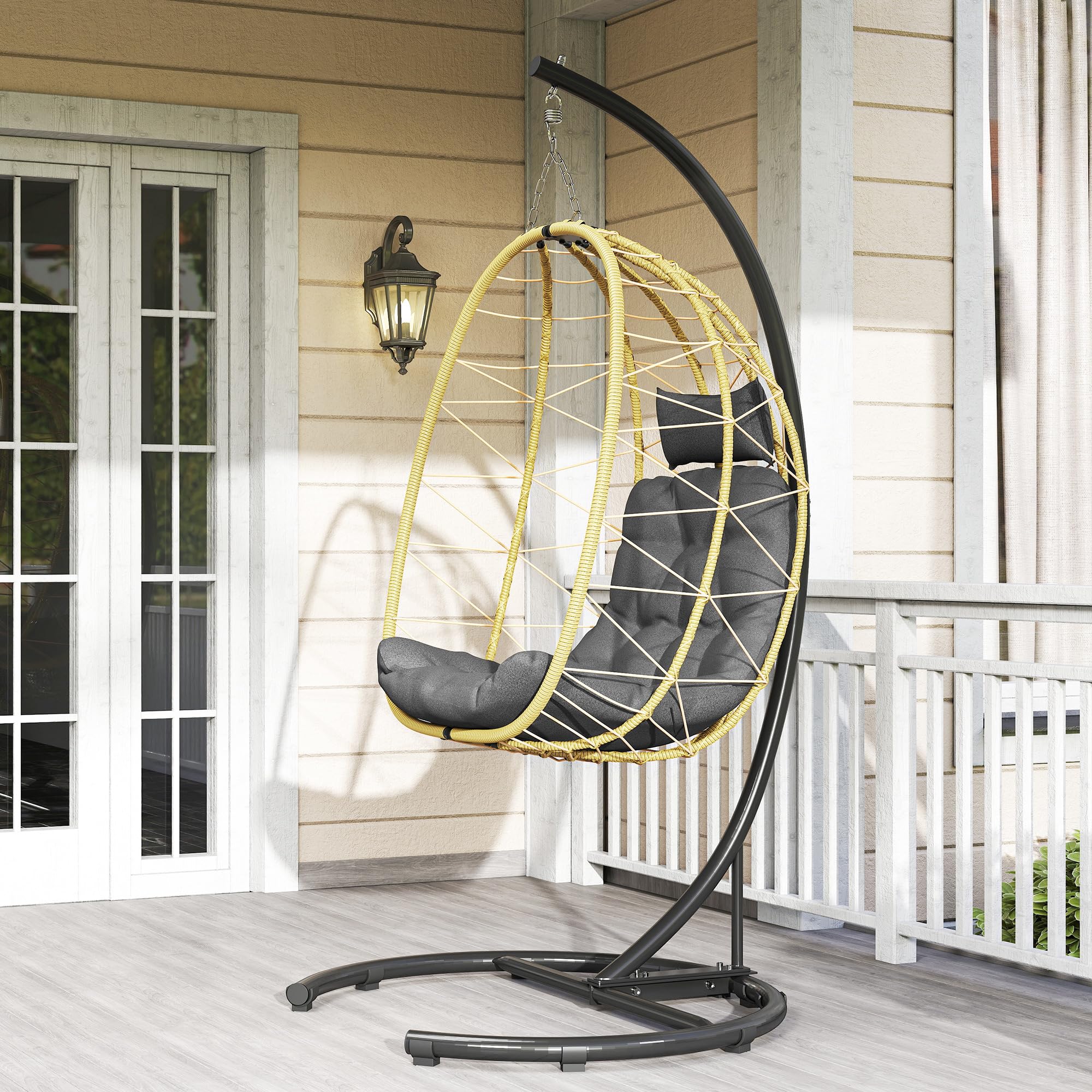 Outsunny Poltrona Sospesa 150kg Max 102x102x195 cm Nera Grigia e Beige | Cesto Pieghevole e Cuscini, Poltrona Sospesa da Giardino, Acciaio e Rattan PE