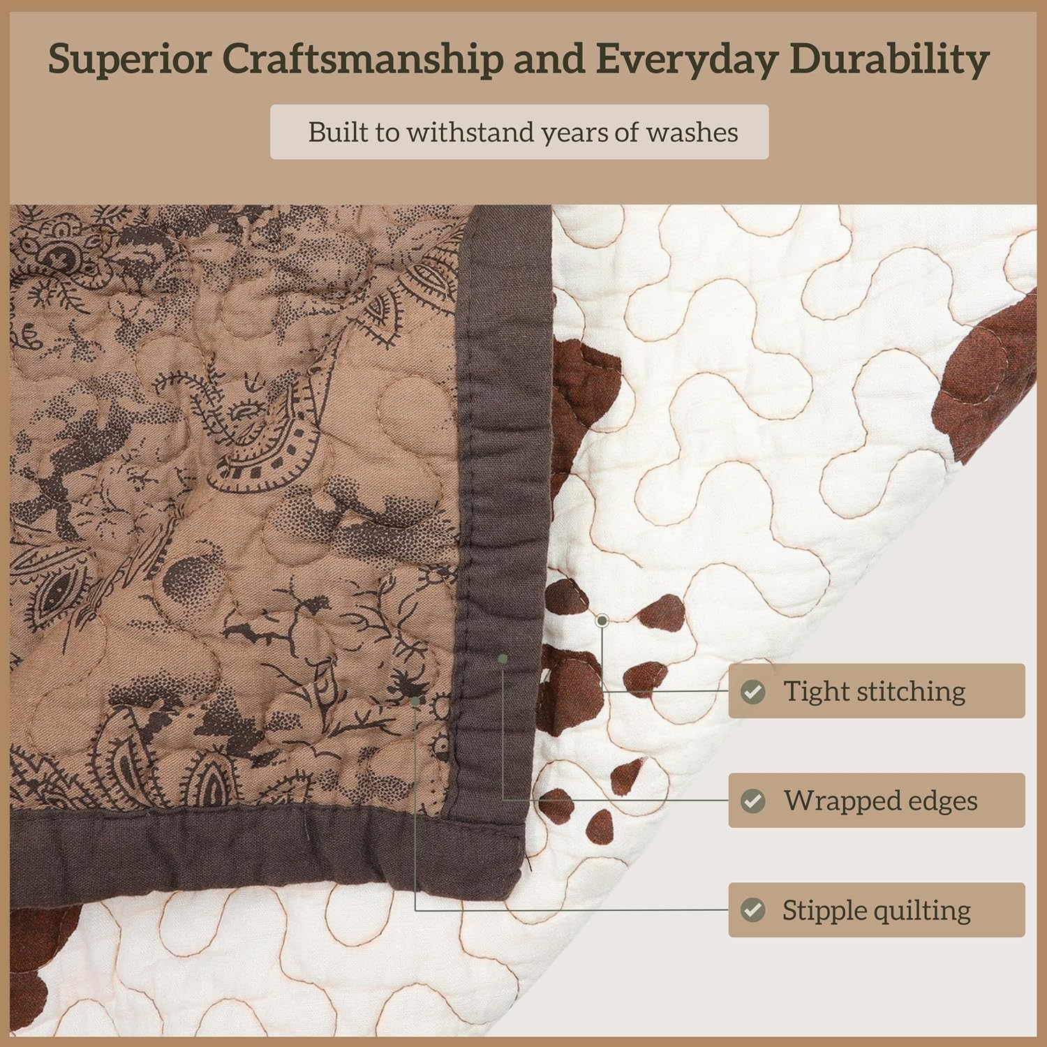 Paseo Road Elsa King Cotton Quilt Set, 3 Piece Western Bedding Set with Pillow Shams, Brown Cow Print Reversible Quilt, Soft Cozy Rustic Farmhouse Bedding, Lightweight Quilt, Southwestern Bedding - Image 5