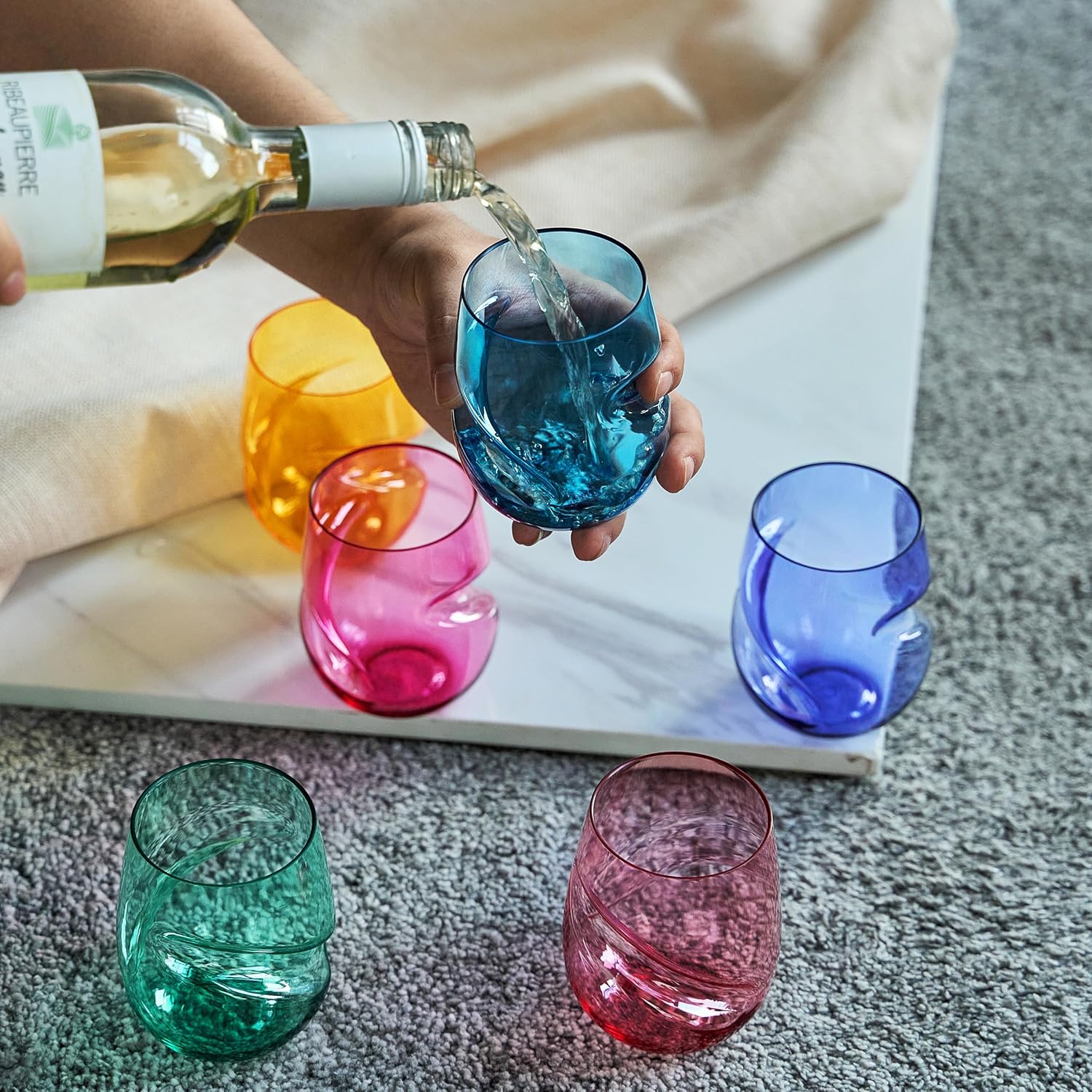 Khen Unbreakable Aerating Stemless Wine Glasses - European Tritan Plastic Wine Glass Set with Finger Indentations - Set of 6-13 oz Colored Glass - Acrylic Reusable, BPA Free, Naturally Aerates Wines