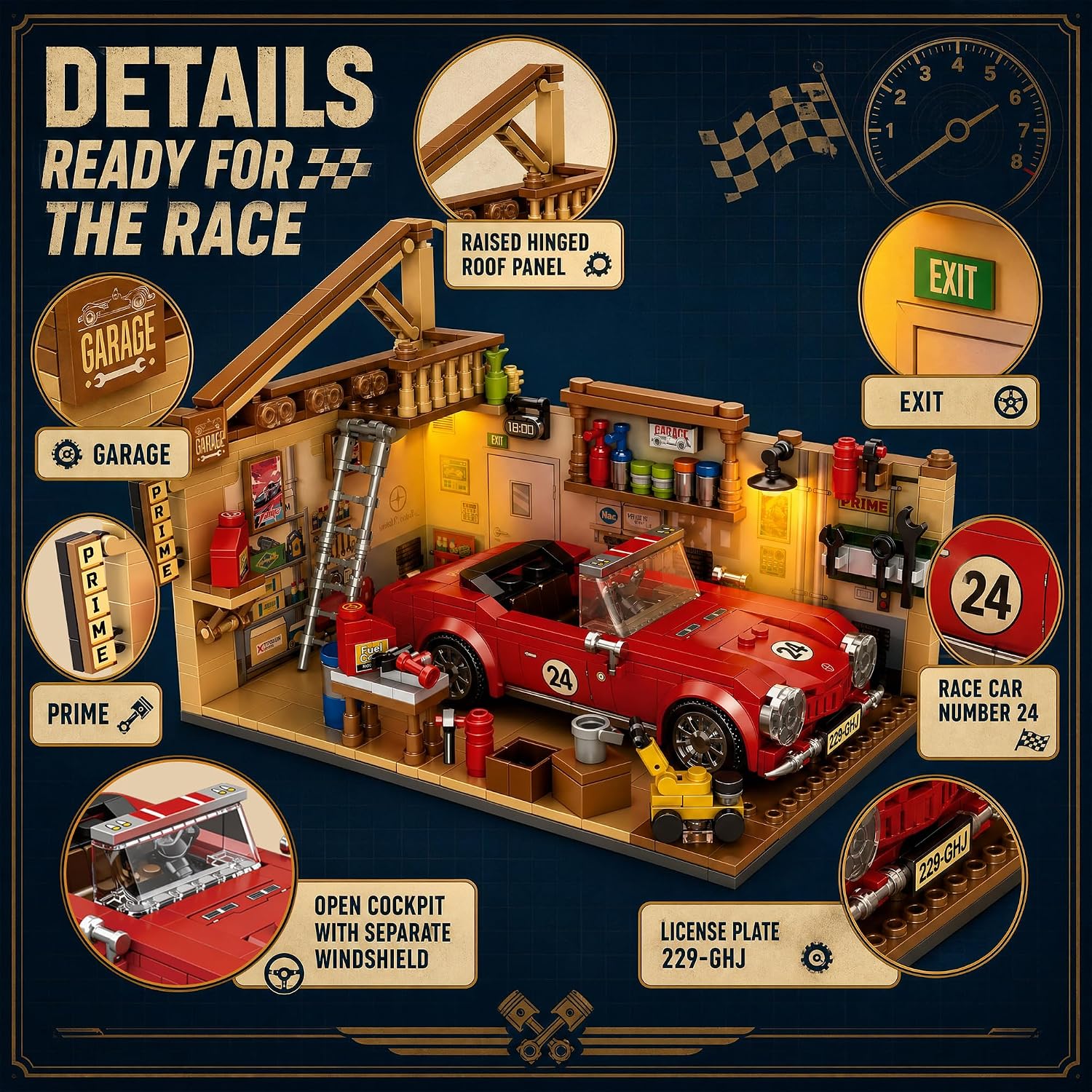 Vintage Race Car Garage Building Set, Collectible Diorama