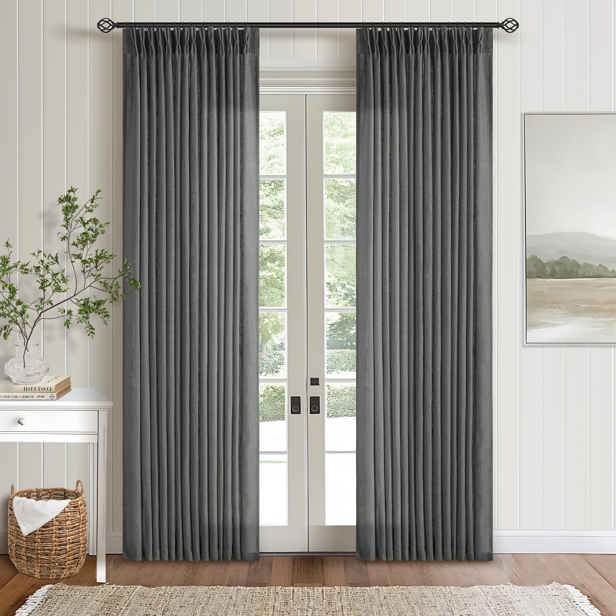 Charcoal Grey 84 Inch Pinch Pleated Linen Semi Sheer Curtains 2 Panel Set