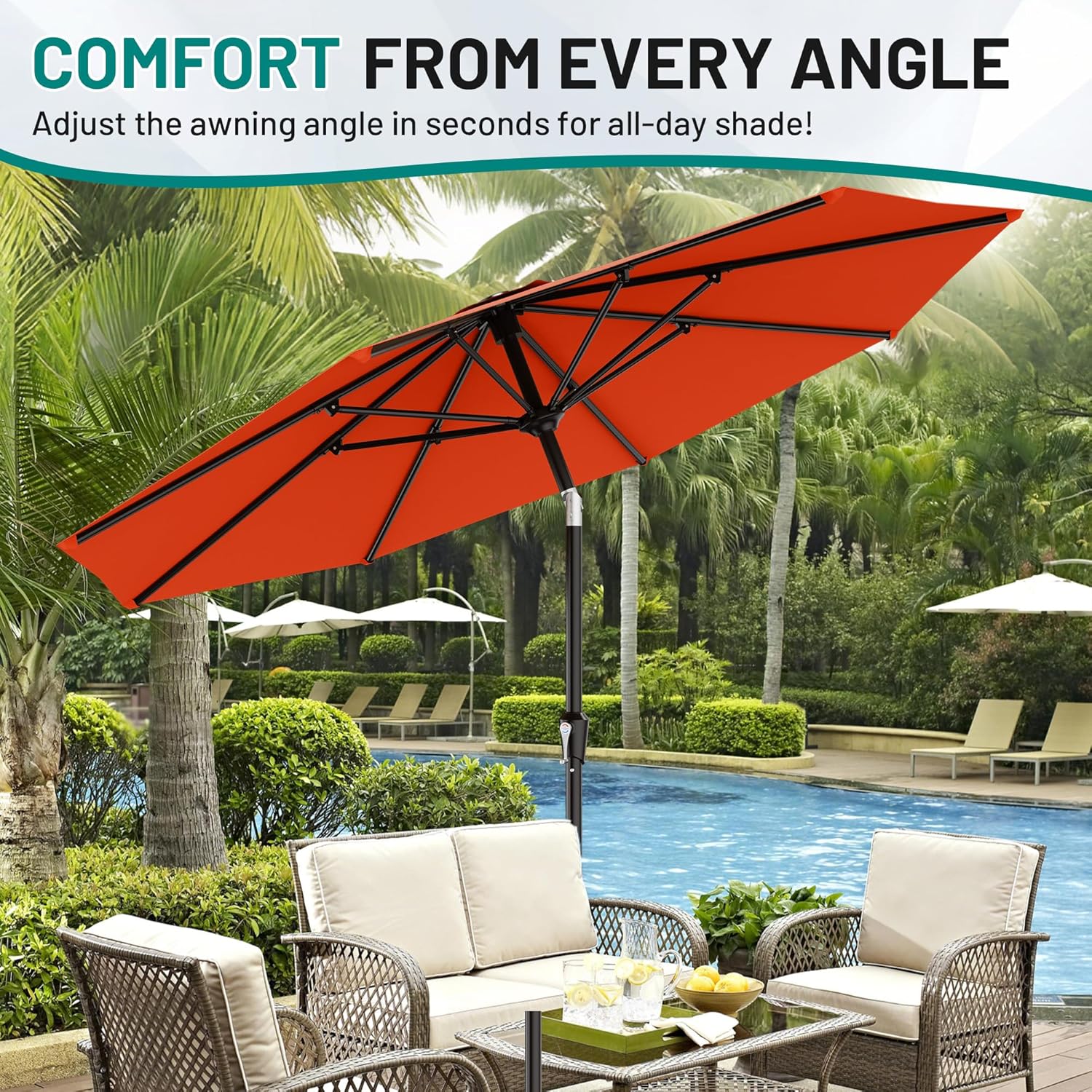 AreShark 9 FT Patio Umbrella for Outdoor, Outdoor Umbrella with Push Button Tilt and Crank, Outdoor Patio Umbrellas with 8 Sturdy Ribs for Market, Garden, Deck, Backyard, Pool (Orange) - Image 7