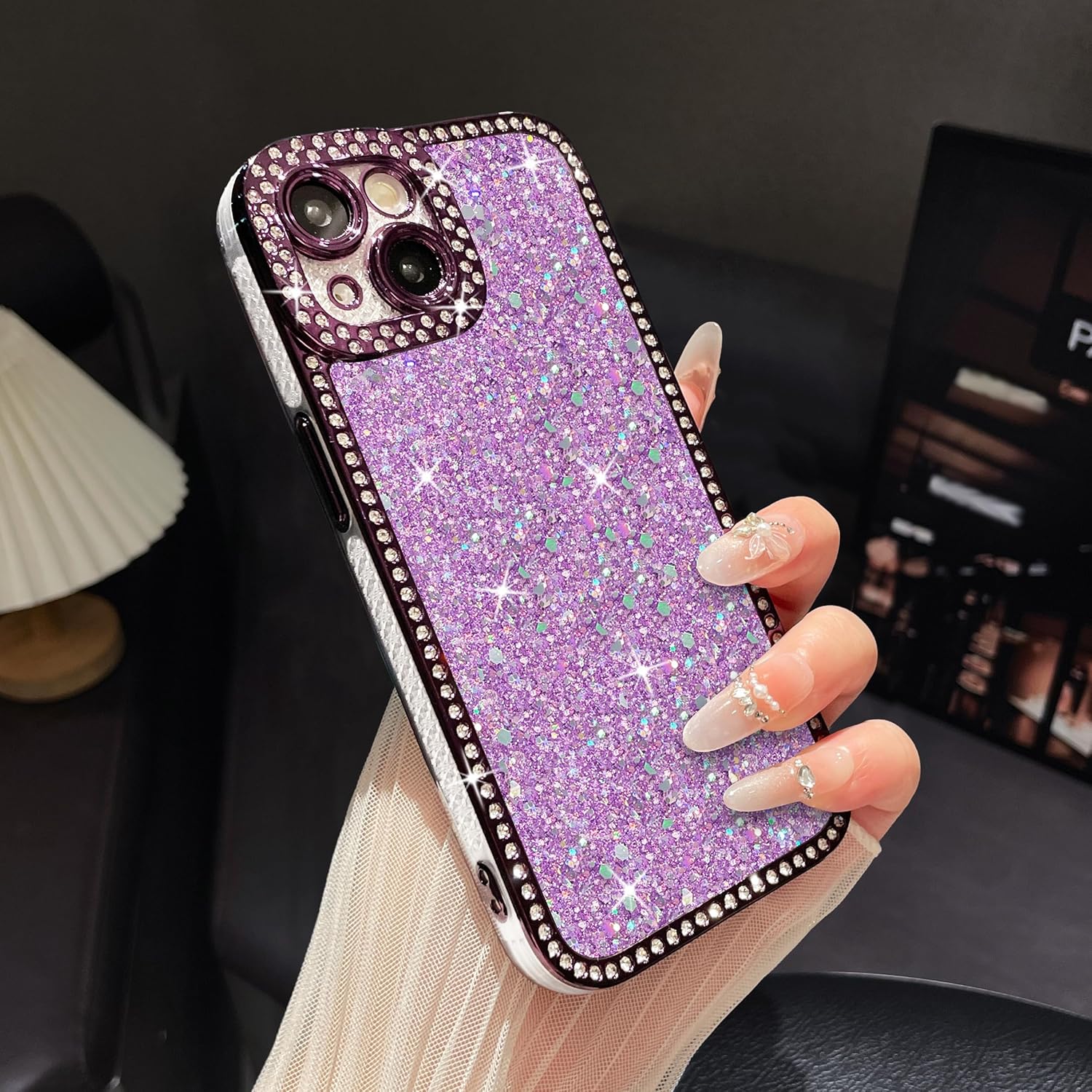 FABSPARK Case for iPhone 16 Pro,Glitter Crystal Diamond Rhinestones Sequin Shiny Bling Sparkly Glossy Luxury Electroplated Case,Aesthetic Cute Full Protection for iPhone 16 Pro,Purple - Image 8