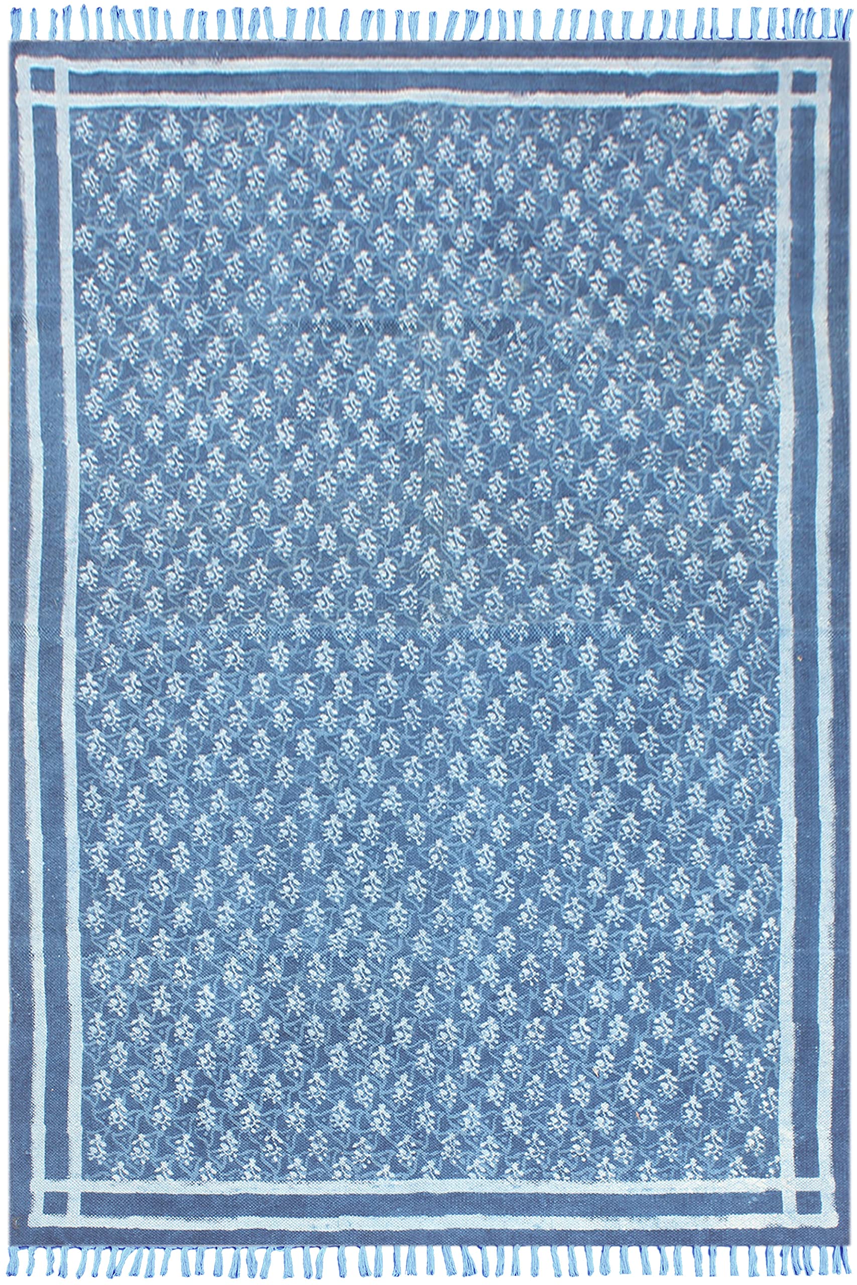 Tapis pour entrée bleu indigo 150x150 cm en coton lavable style rustique bohème à pompons