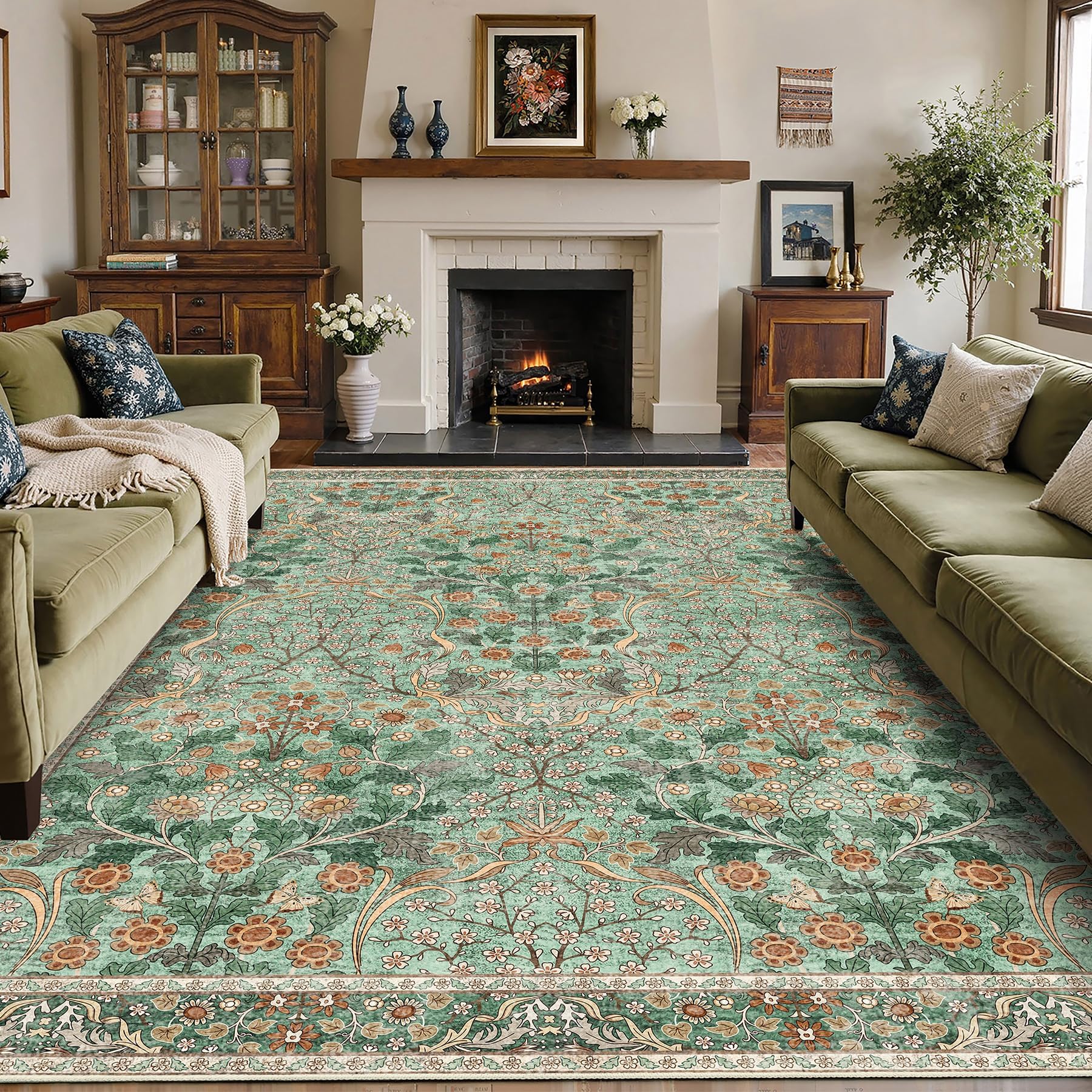 MUJOO Green Washable Rugs 8x10,Floral Area Rug for Living Room Dining Room Bedroom,Large Throw Carpet,Boho Non Slip Indoor Floor Big Soft Botanical Vintage Ultra-Thin
