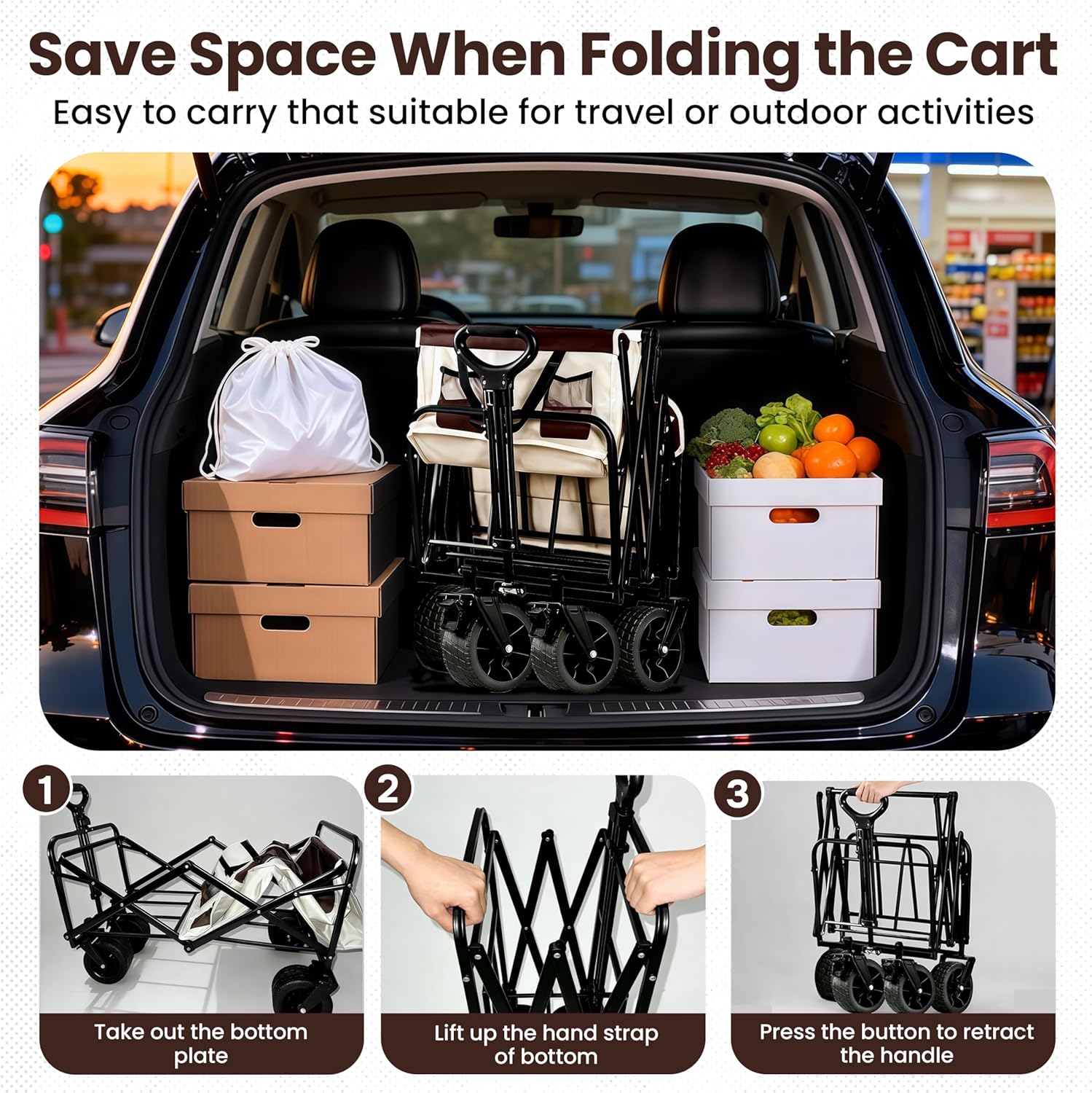 Collapsible Wagon with Thickened Wheels,Bear 560lbs Folding Heavy Duty Wagon Carts Portable Outdoor Wagon Carts for Camping,Grocery,Shopping,Garden,Beach,Picnic (Standard Collapsible Wagon)