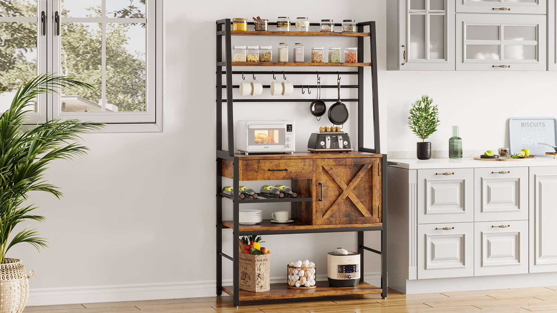 Itaar Baker's Rack, Coffee Bar Cabinet, Farmhouse Microwave Stand