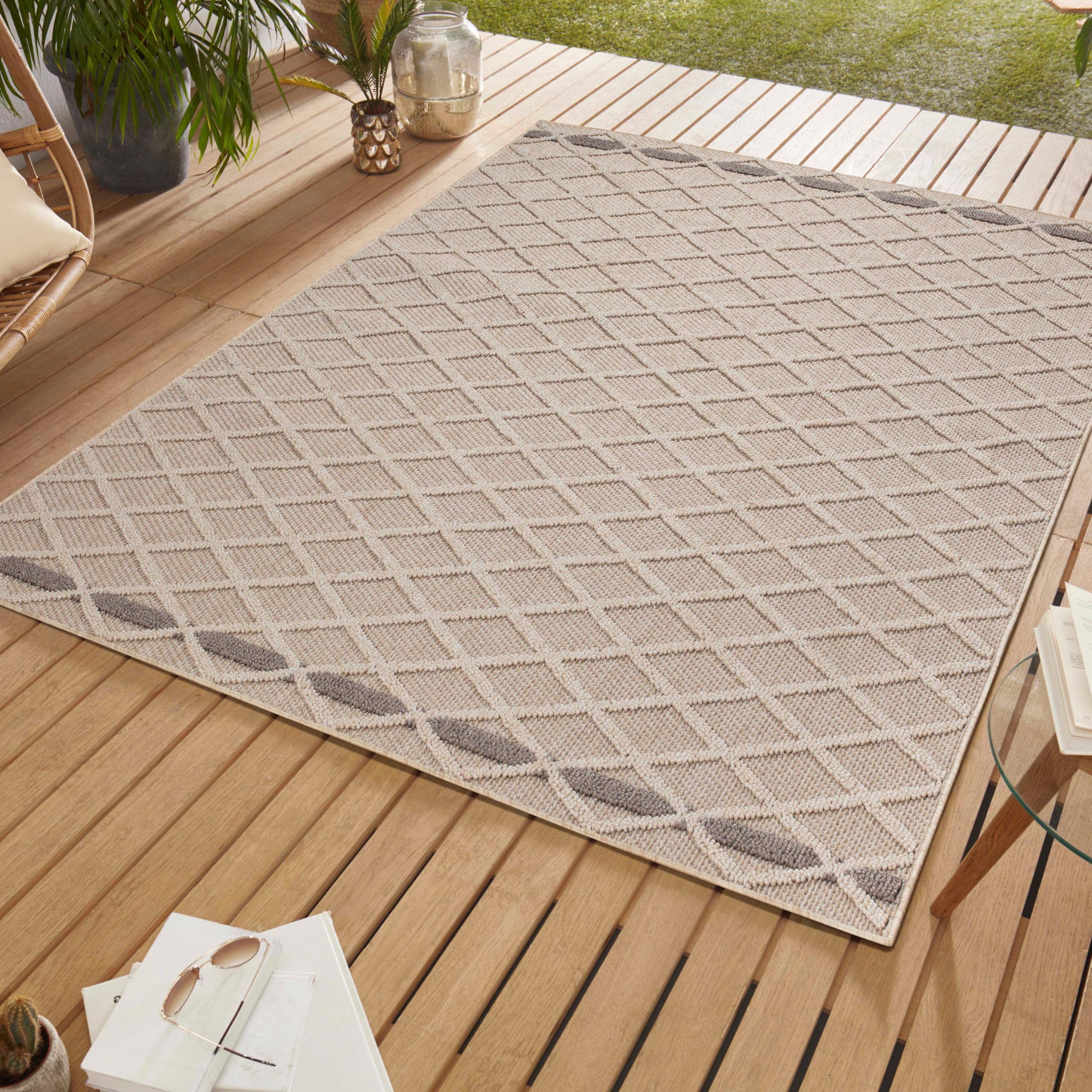 SIMPEX In & Outdoor Bouclé Teppich wetterfest 3D Hoch Tief Effekt für Balkon Terrasse Garten Flur Küche oder Wohnzimmer in verschiedenen Größen