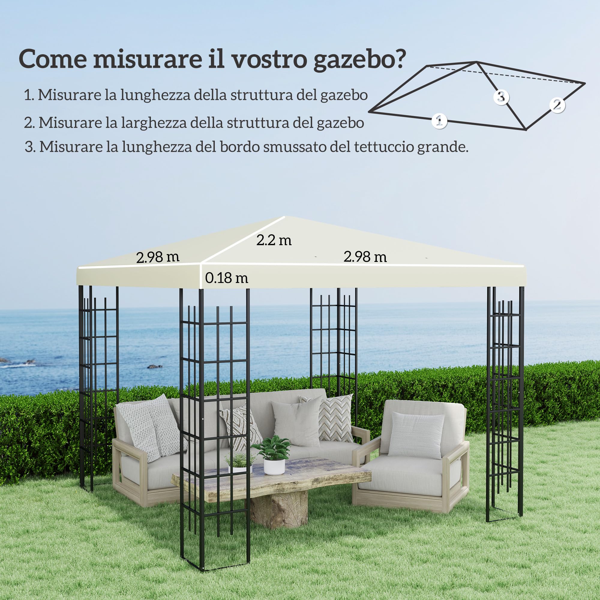 Outsunny Jardín Gazebo Reemplazo Techo 3x3 m, Resistente al agua Gazebo Canopy en 600D Oxford Tela 370g/㎡ Anti-UV 30+ con 8 agujeros de drenaje, Crema blanca.