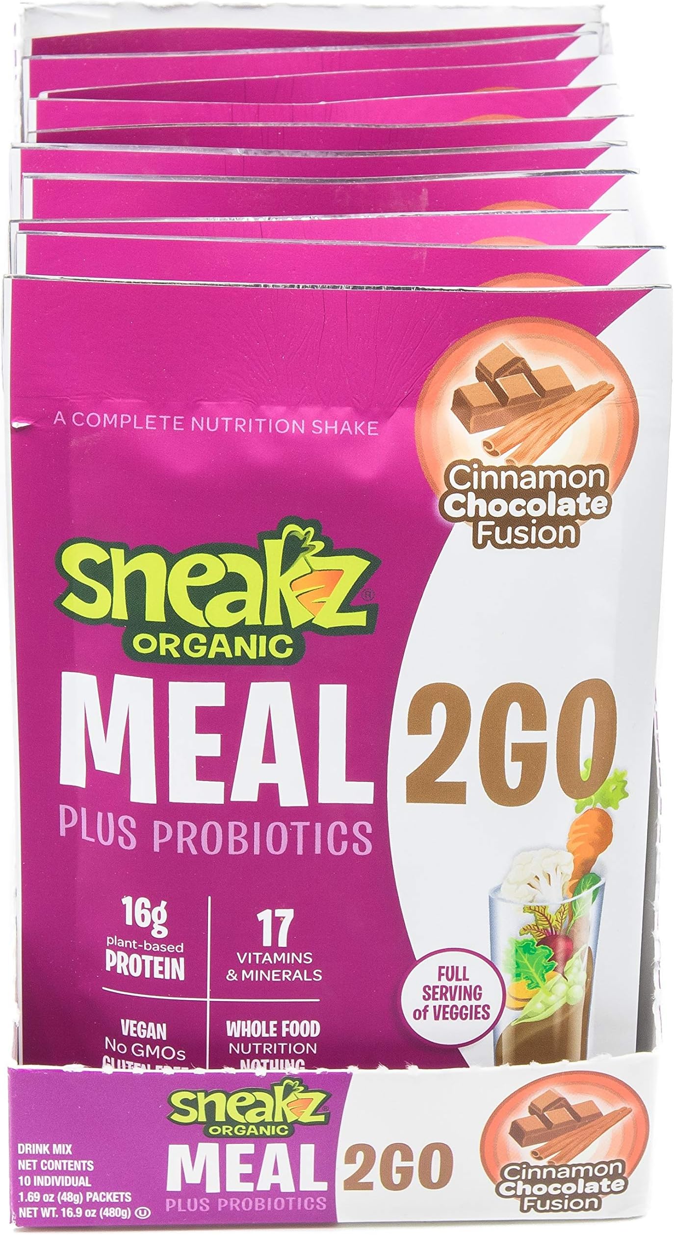 Sneakz Organic Meal2Go Complete Nutritional Shake, Chocolate Cinnamon Fusion, 10 servings