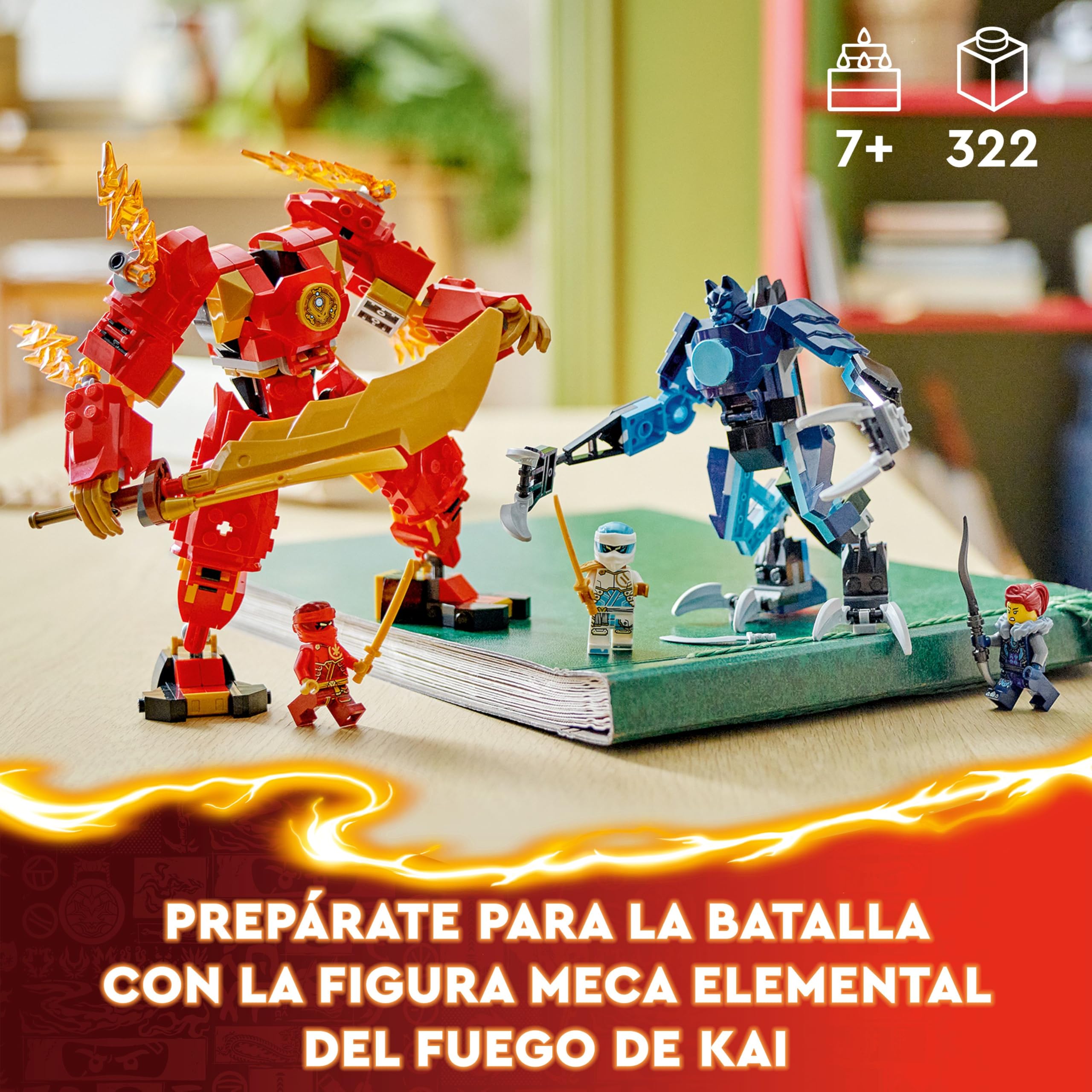 LEGO Ninjago Meca Elemental del Fuego de Kai, Figura Roja de Acción Articulada y Minifigura de Zane y 3 Personajes para el Juego de Batalla Ninja, Regalo para Niños y Niñas de 7 Años o Más 71808